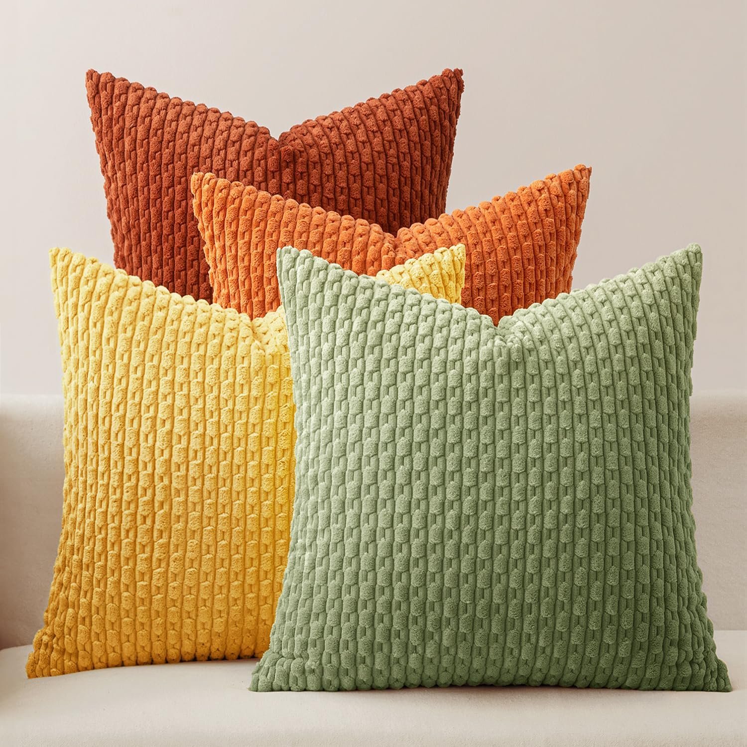 MIULEE Burnt Orange Decorative Throw Pillow Covers for Couch Modern Striped Cushion Covers Soft Corduroy Pillowcase Home Decor for Bed Sofa Living Room 18×18 Inch Set of 4 Yellow Orange