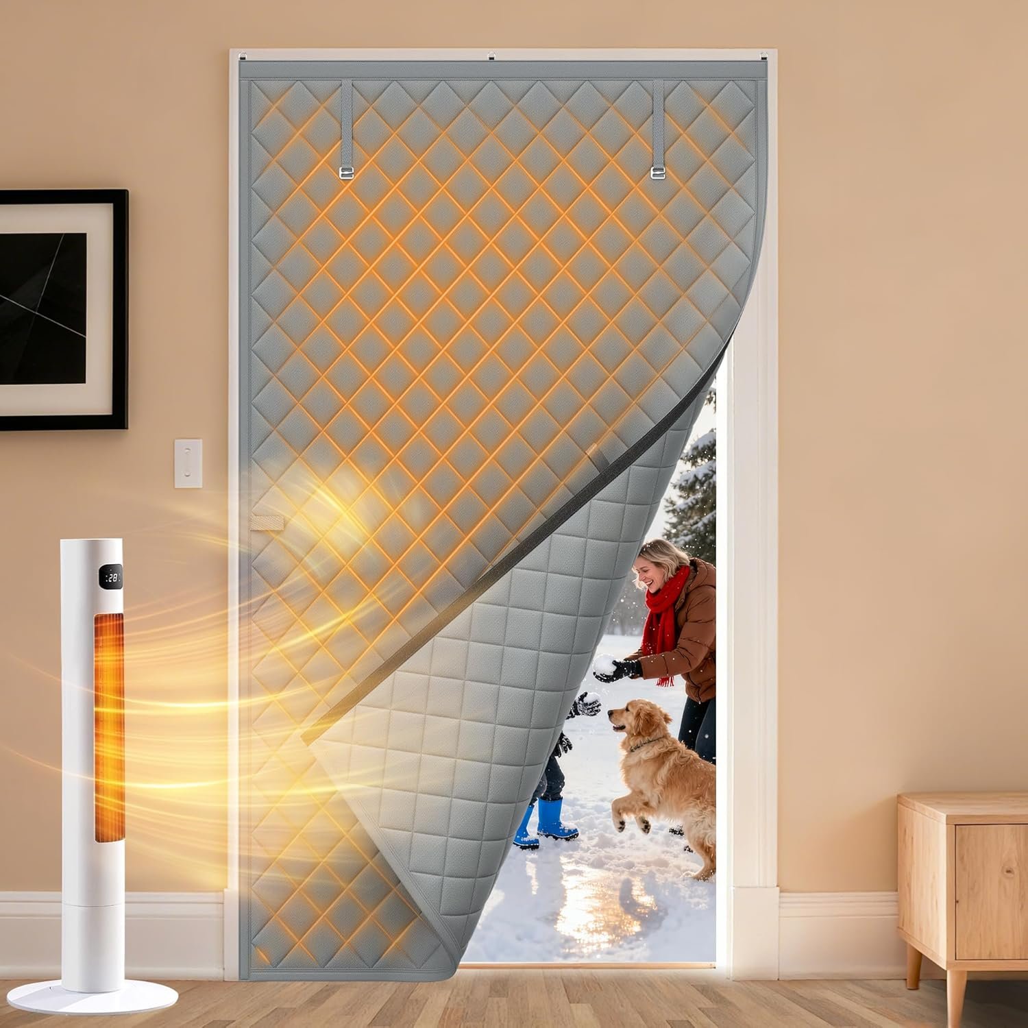 Thermal Insulated Door Curtain Fits Door Size 32″ x 80″, Curtain Size 35″ x 82″, Weatherproof Oxford with Thickened Cotton Fill, Keep Cold Out & Save Energy, Drill-Free Easy Installation, Gray