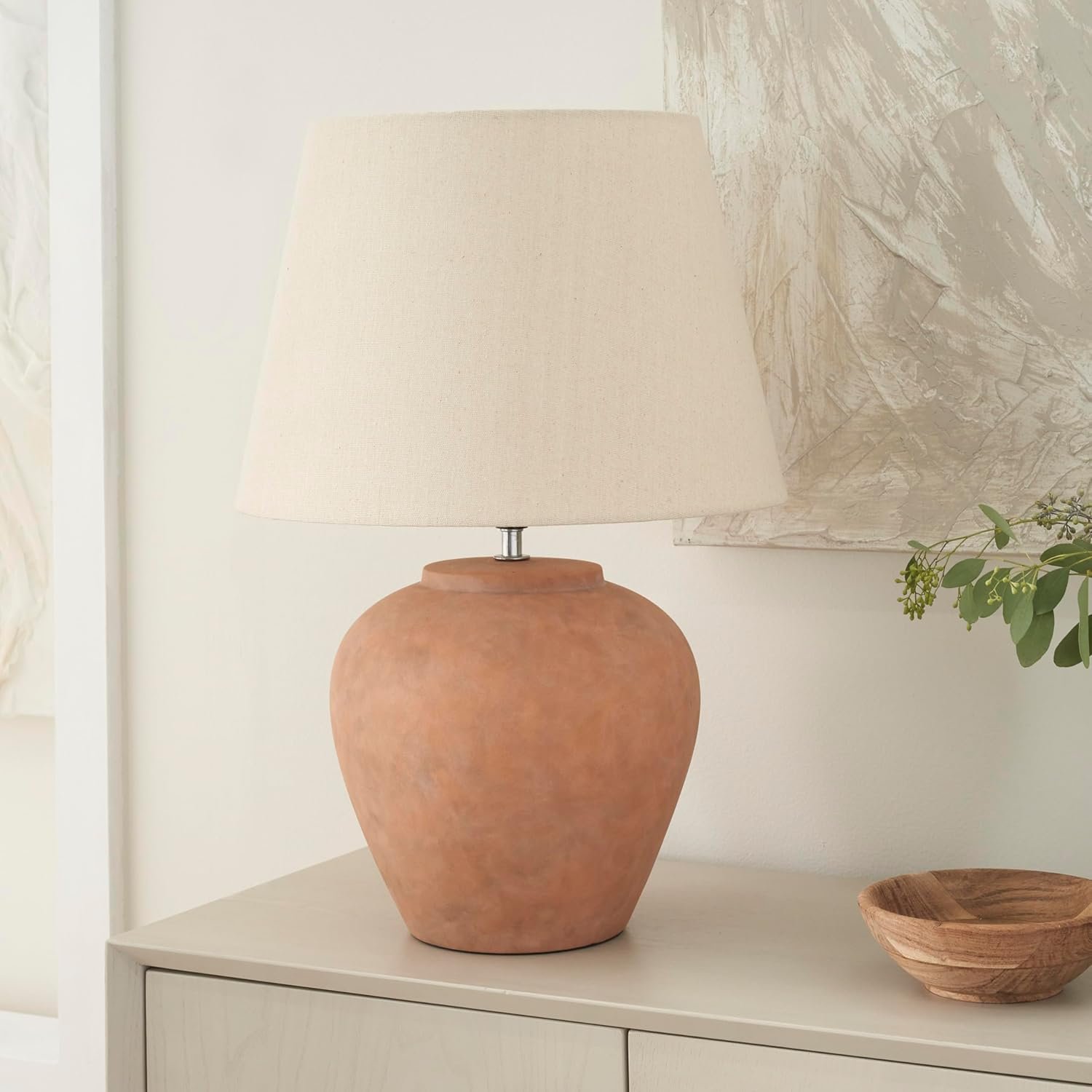 Nourison Home 20″ Rustic Terracotta Ceramic Table Lamp with Fabric Shade, Bedside Nightstand Lamp for Bedroom, Living Room, Entryway
