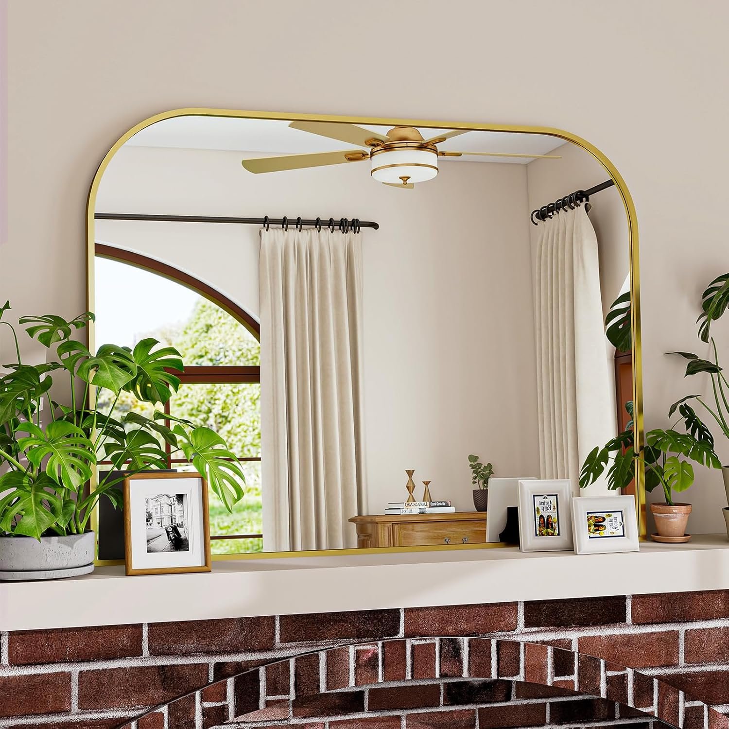 Gold Arched Top Wall Mounted Mirror – 38 x 30 Inch Round Cruved Top Bathroom Vanity Mirror, Aluminum Metal Framed, Home Decor for Living Room, Bedroom, Fireplace, Mantle, Entryway