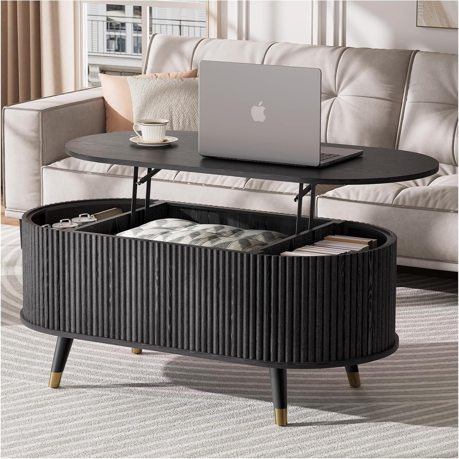 JOINICE 42.5″ Oval Lift Top Coffee Table with Storage,Modern Black Center Table with Fluted Design, Solid Wood Legs & Hidden Compartment, Pop Up Coffee Table for Living Roomm