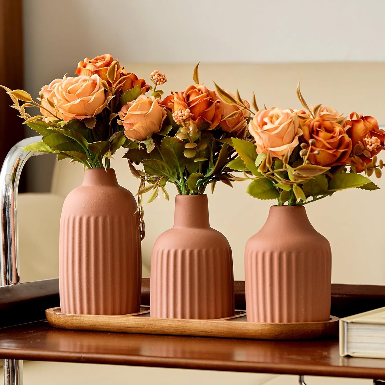 3Pcs Silk Rose Artificial Flowers with Vase & Tray – Faux Floral Plant Arrangement, Fall Fake Flowers in Vase Home Decor, Kitchen or Dining Table Decor Centerpiece, Decoration for Table (Matte Orange)