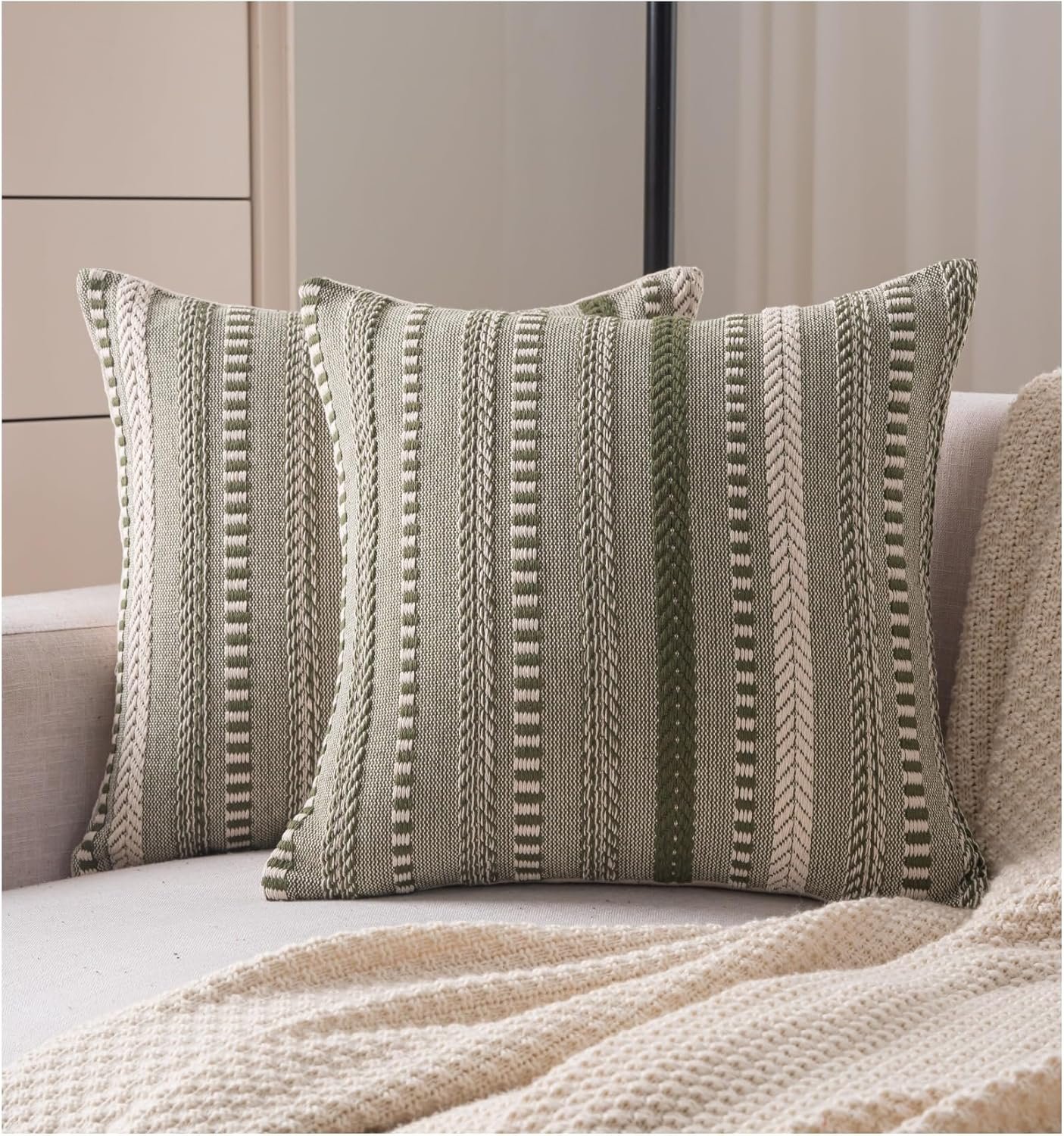 Cethom Boho Throw Pillow Covers 18×18 Inch Set of 2, Farmhouse Decorative Couch Pillow Cases, Green Accent Pillows of Bed, Sofa Bedroom Living Room Home Decor Cushion Cover