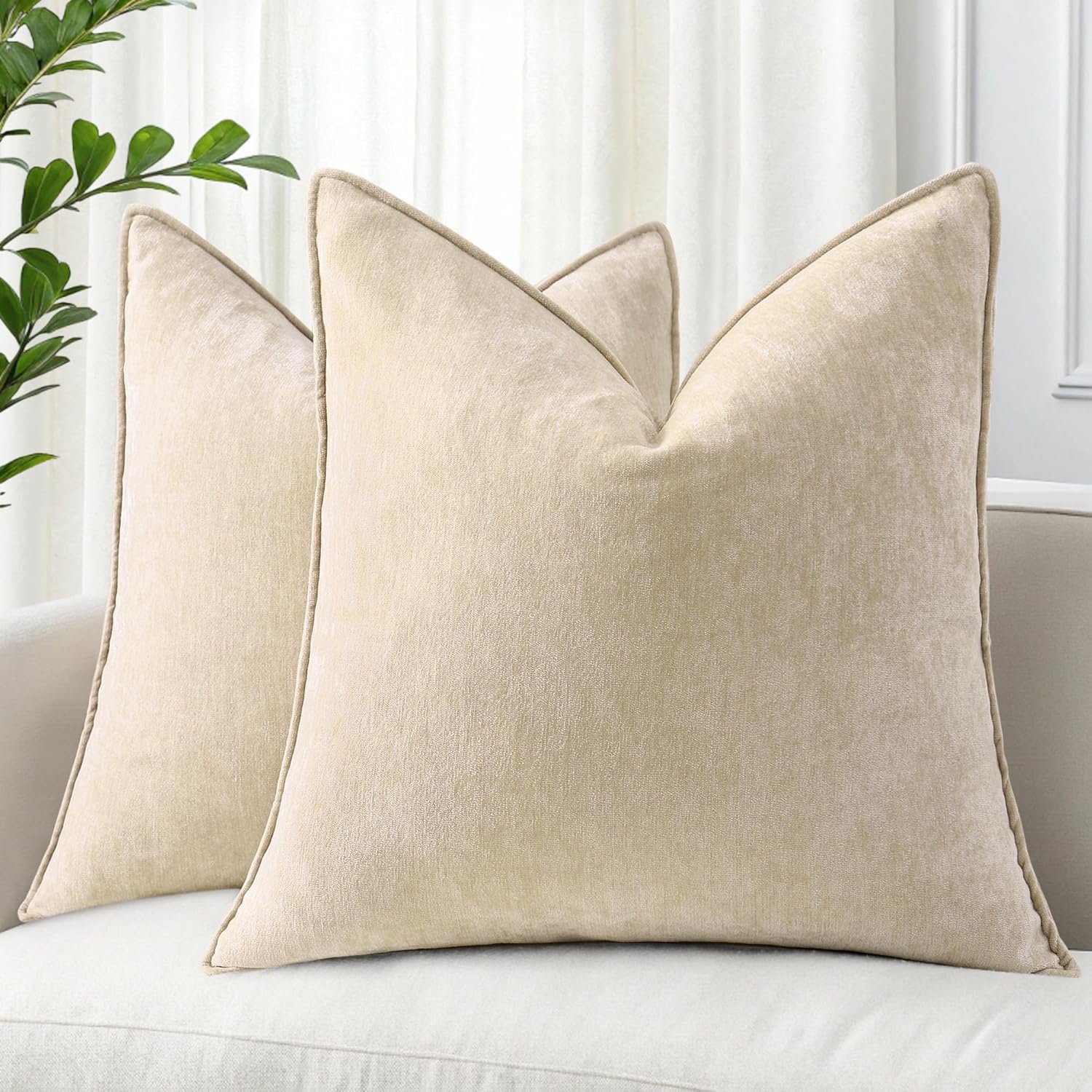 decorUhome Summer Couch Throw Pillow Covers 18×18 Set of 2, Decorative Soft Velvet Modern Cozy Chenille Pillow Cases with Elegant Design for Sofa Bed Living Room Home Decor, Beige