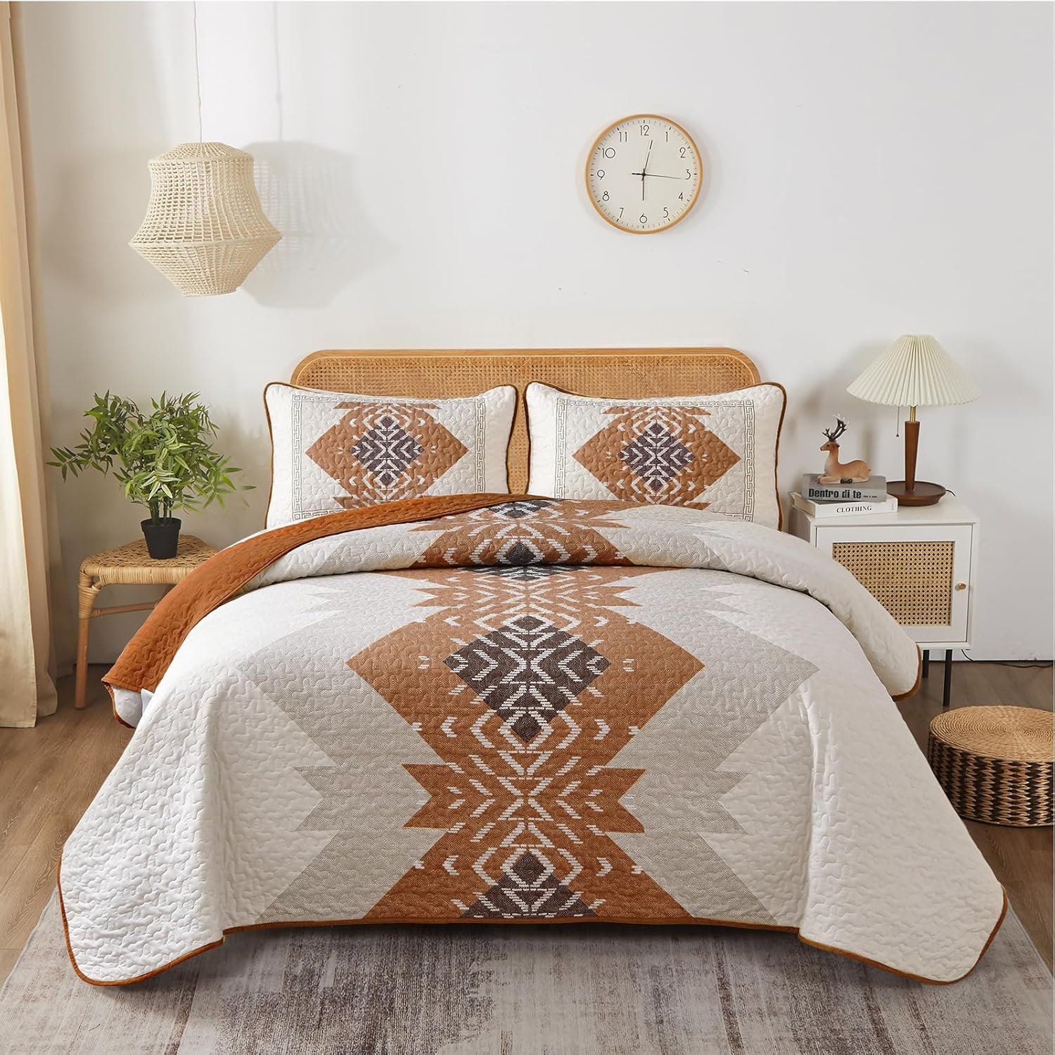 Dintszyayue Boho Quilt Set King Size 3 Pieces Aztec Texture Bedspread Coverlet Set Bohemian Quilt Bedding Set Microfiber Lightweight Bed Cover for All Seasons (Terracotta, 90″×103″)