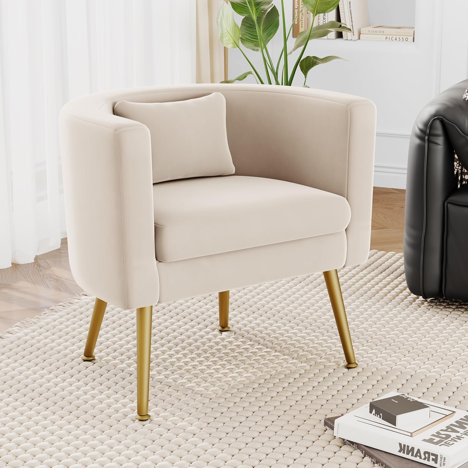 Alunaune Velvet Barrel Accent Chair, Upholstered Modern Armchair Tub Bucket Club Chair for Living Room, Mid Century Lounge Chair Single Sofa for Bedroom-Ivory