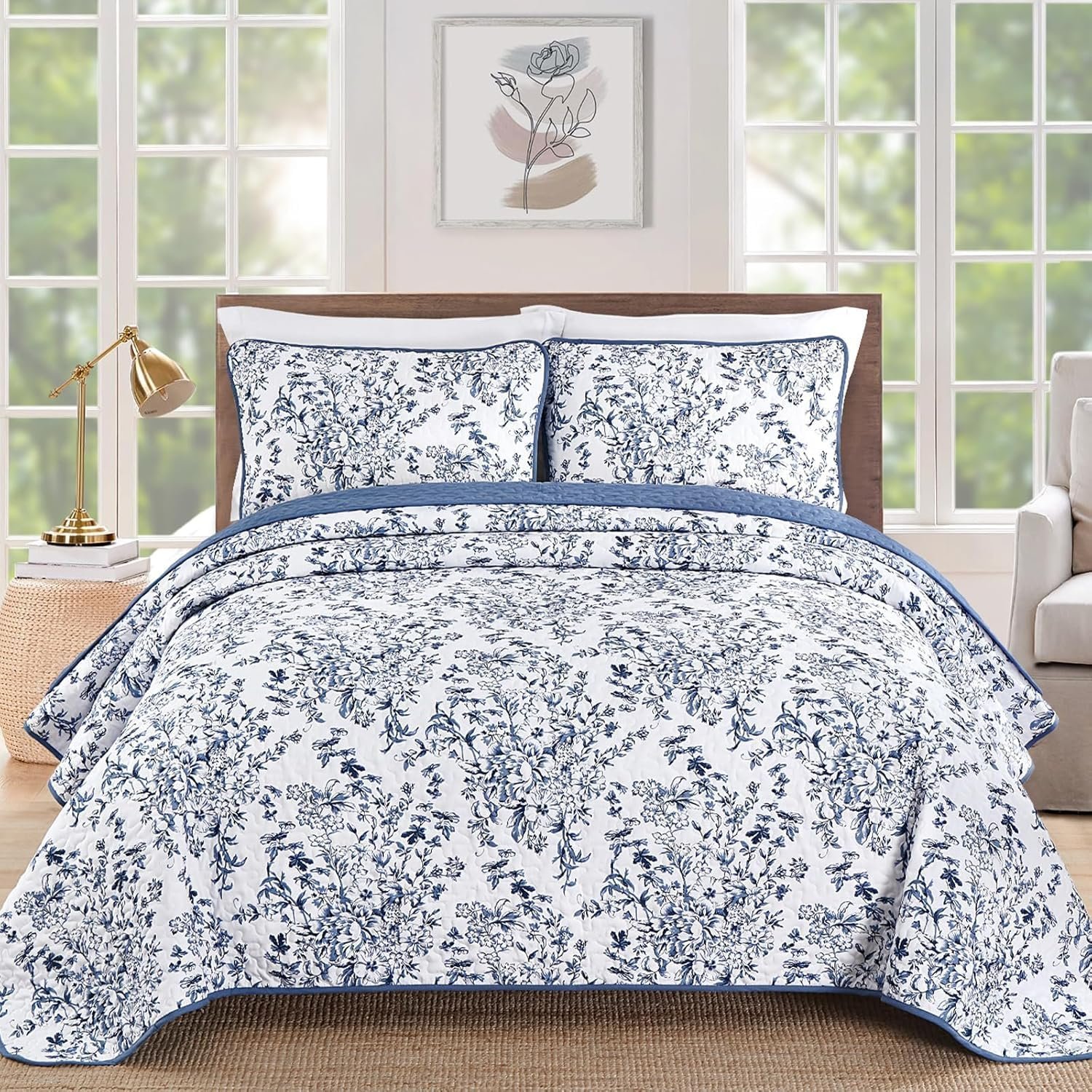 WONGS BEDDING Quilt Twin Size, Blue Quilt Bedding Set with 1 Pillowcase, Botanical Quilt for Twin Bed, Soft Microfiber Lightweight Coverlet Bedspread for All Season (68″×86″, 2 Pieces)