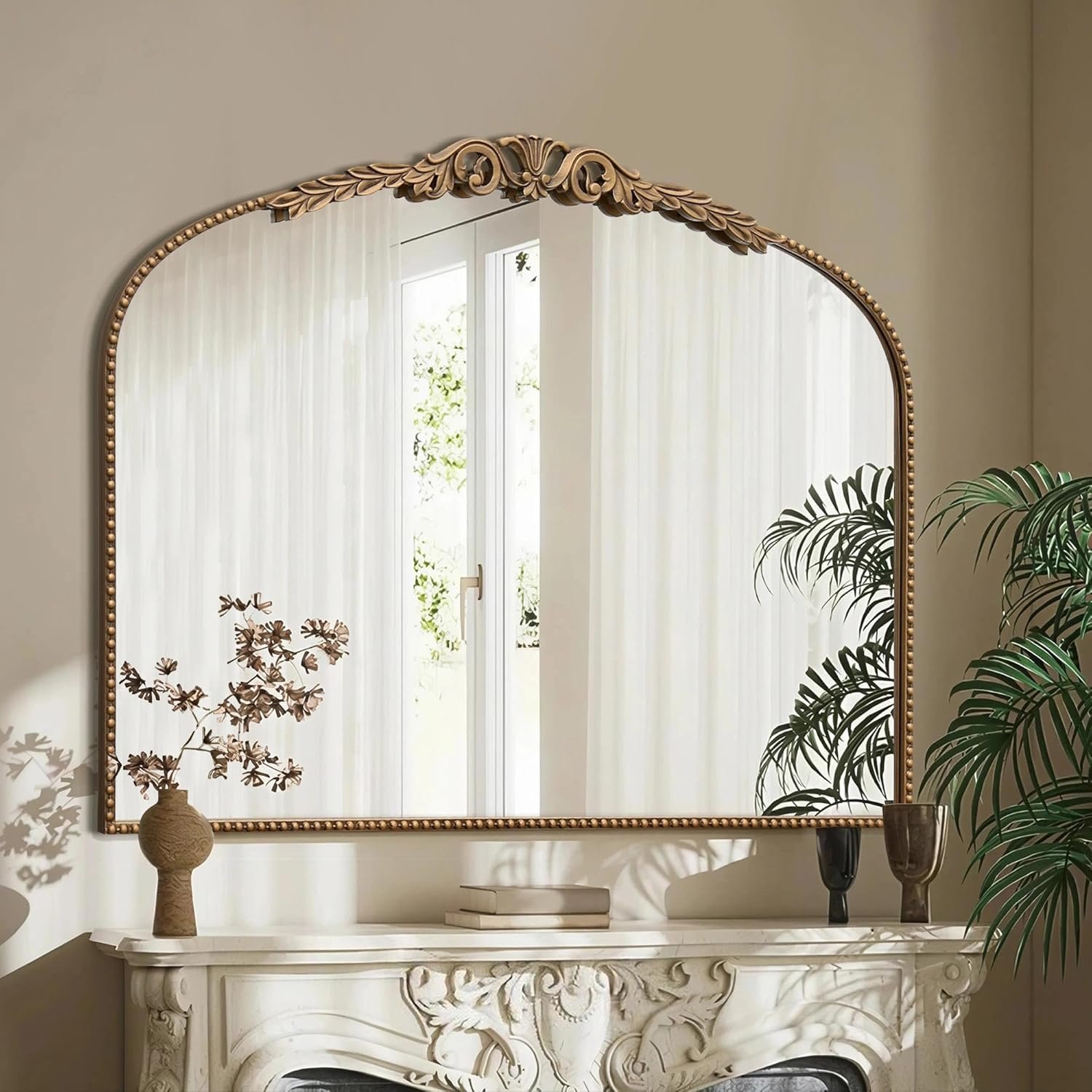 Besdomus Gold Large Arched Mirror: 40″x29″ French Baroque Vintage Mirror – Traditional Ornate Antique for Mantel/Bedroom/Entryway/Bathroom/Hallway – Home Decor for Fashion-Conscious