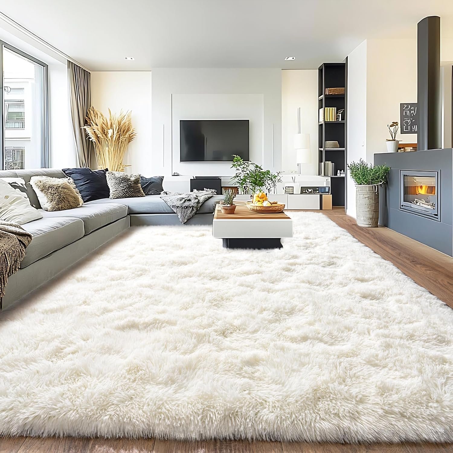 Pionblank 8×10 Rug for Living Room, Fuzzy Plush Large Area Rug, Fluffy Modern Shag Non Slip Soft Furry Carpet for Bedroom Kids Room Nursery Teens Dorm Home Decor, Cream White