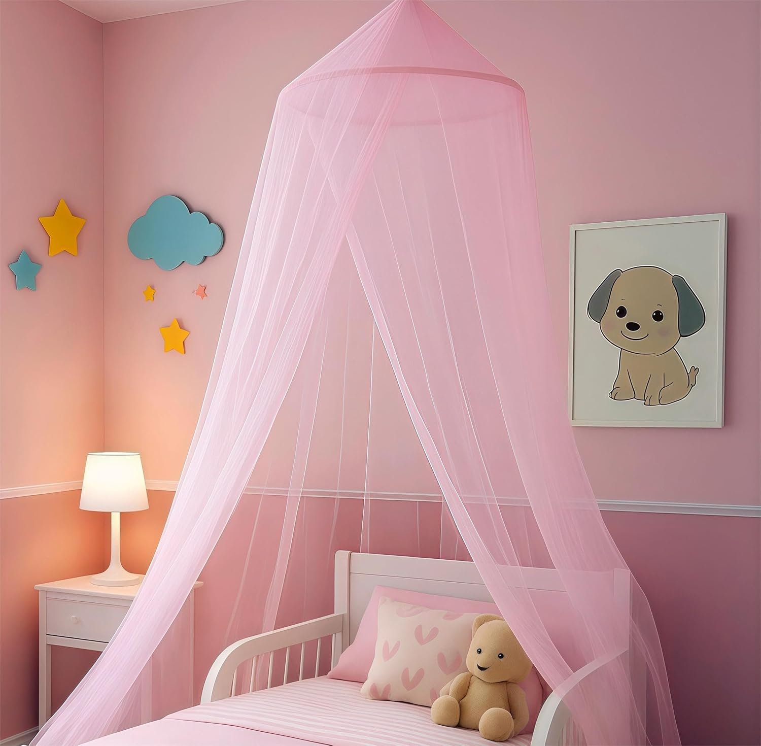 Princess Pink Bed Canopy, Round Dome Bed Curtain for Girls, Dreamy Mosquito Netting for Kids, Bedroom Accessories, Ceiling Tent