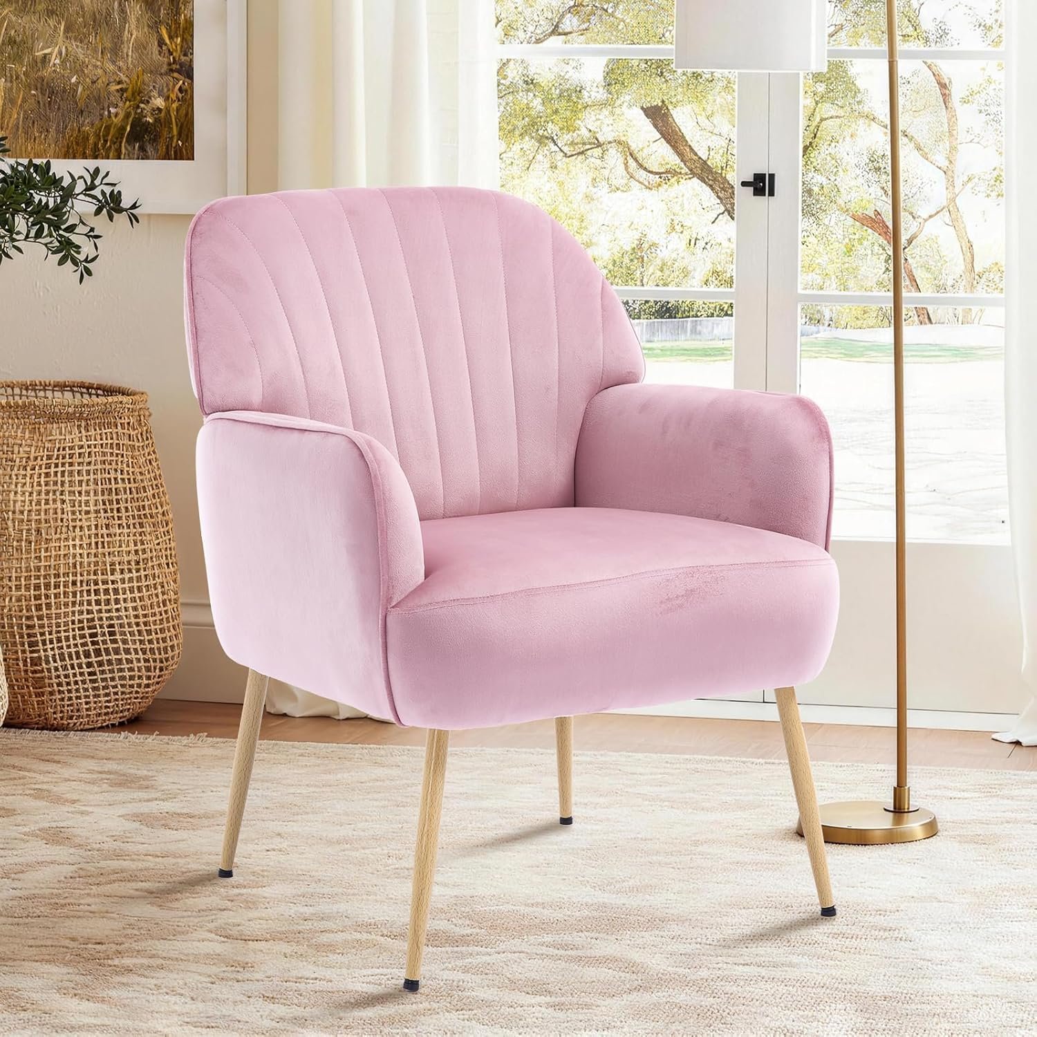 Velvet Accent Chair, Upholstered Modern Leisure Single Sofa Side Chair, Comfy Tufted Back Armchair with Metal Legs for Living Room/Bedroom/Office/Reading Room, Pink