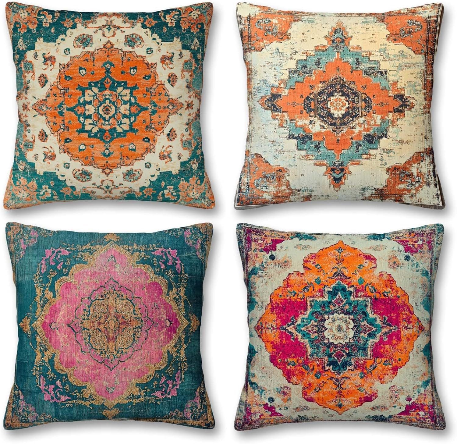 Throw Pillow Covers 18×18 Set of 4 | Boho Vintage Rug Cushion Cases for Couch Sofa | Distressed Medallion Aztec Farmhouse Decorative Pillowcases Living Room Bedroom