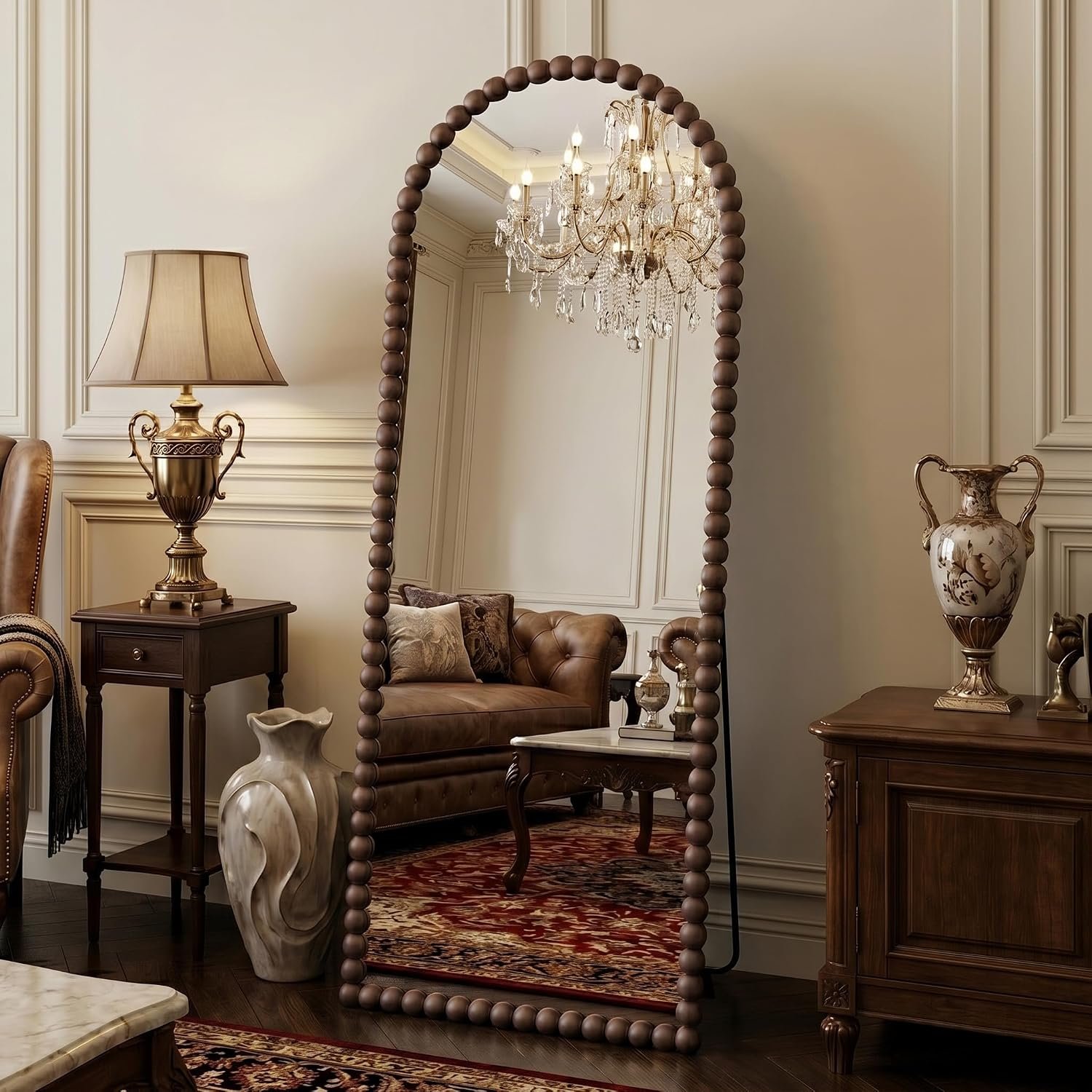 Antok 58″ x 21″ Arched Full Length Mirror, Antique Beaded Frame Floor Standing or Wall Mounted Mirror with Stand for Bedroom, Entryway, Brown, Luxury Style