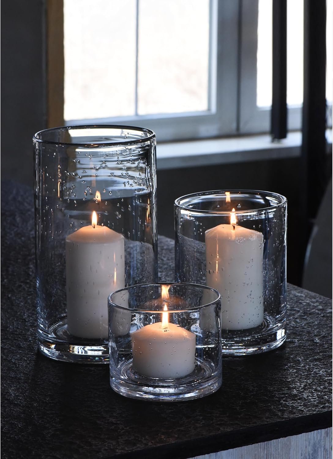 Hand Blown Glass Hurricane Candle Holders for Pillar Candles, Clear Seeded Bubbles Cylinder Vases, Table Centerpiece Decor for Living Dining Kitchen Island, Set of 3 (10″, 7″, 4″)