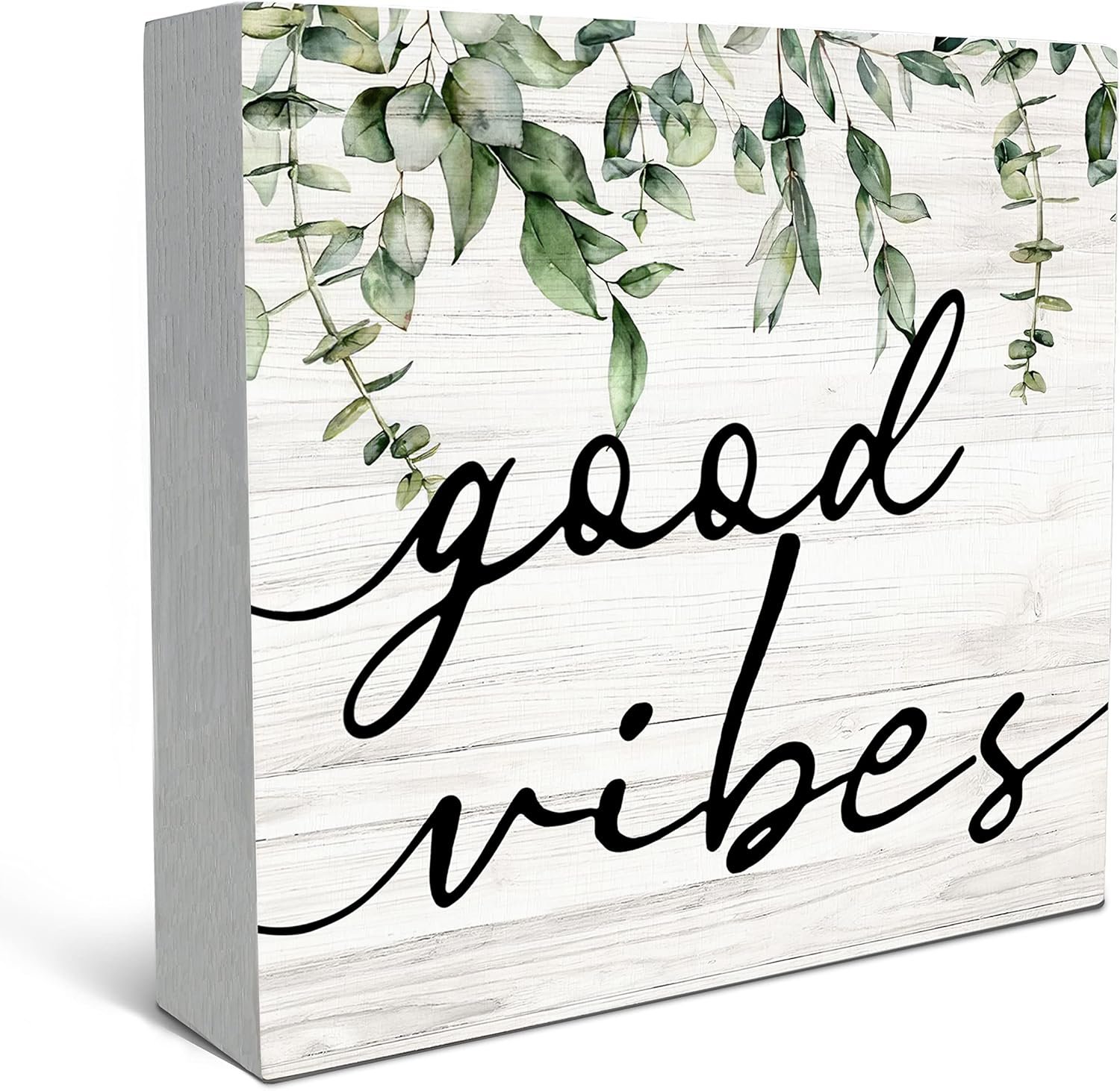 SRADMO Botanical Eucalyptus Leaves Wood Box Sign Desk Decor, Rustic Eucalyptus Leaves Wooden Block Box Sign Decoration For Home Office Shelf Table Decor