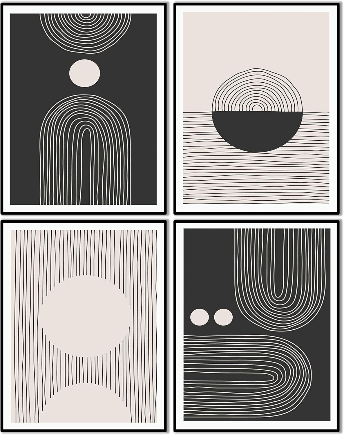 Abstract Boho Wall Art Prints for Living Room, Bathroom, Bedroom, Mid Century Modern Wall Decor, Black and White Minimalist Wall Art, Set of 4, 8″ x 10″, Unframed.