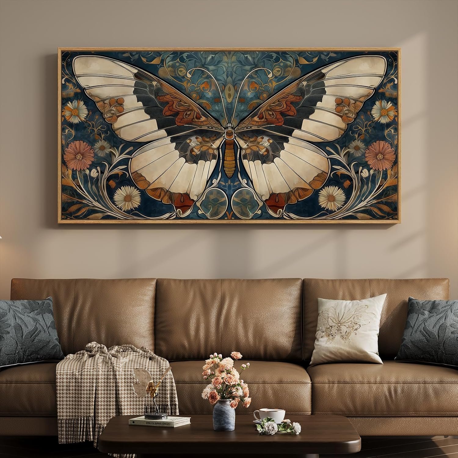 Framed Vintage Butterfly Wall Art for Living Room, Extra Large Horizontal Canvas Artwork Decor, Retro Rustic Picture Print Painting for Bedroom Hallway 60×30 Inch