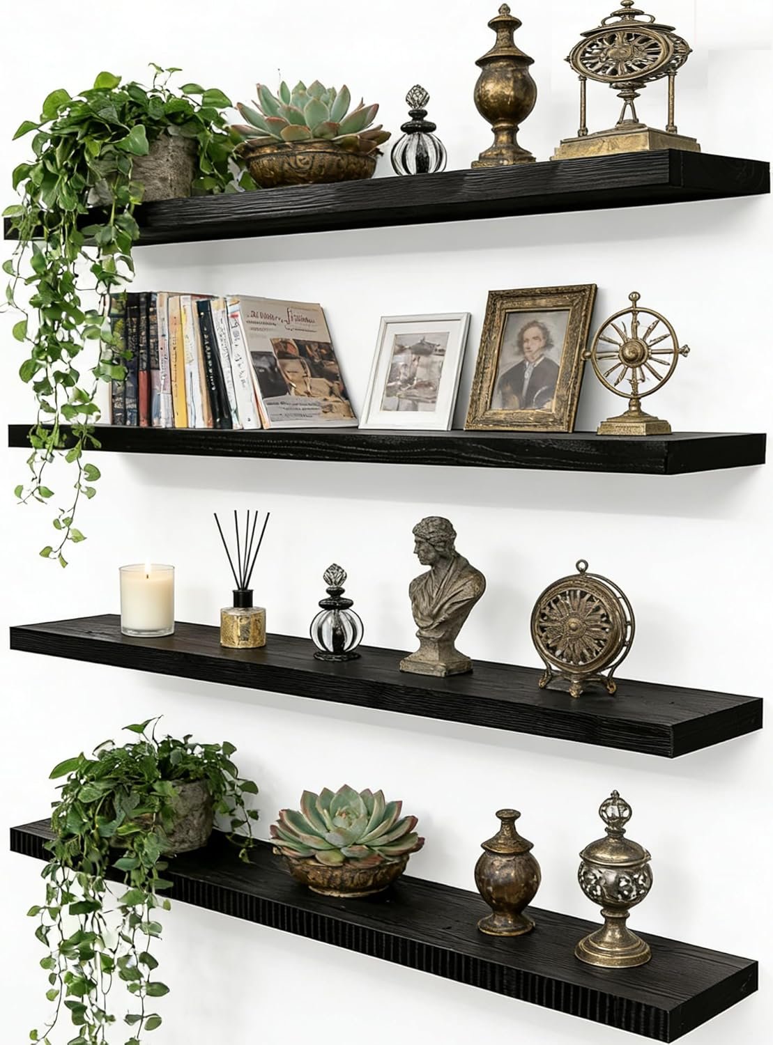 24 Inch Rustic Wood Floating Shelves Farmhouse Wooden Wall Shelves for Bathroom Bedroom Living Room Kitchen Office Set of 4 Black