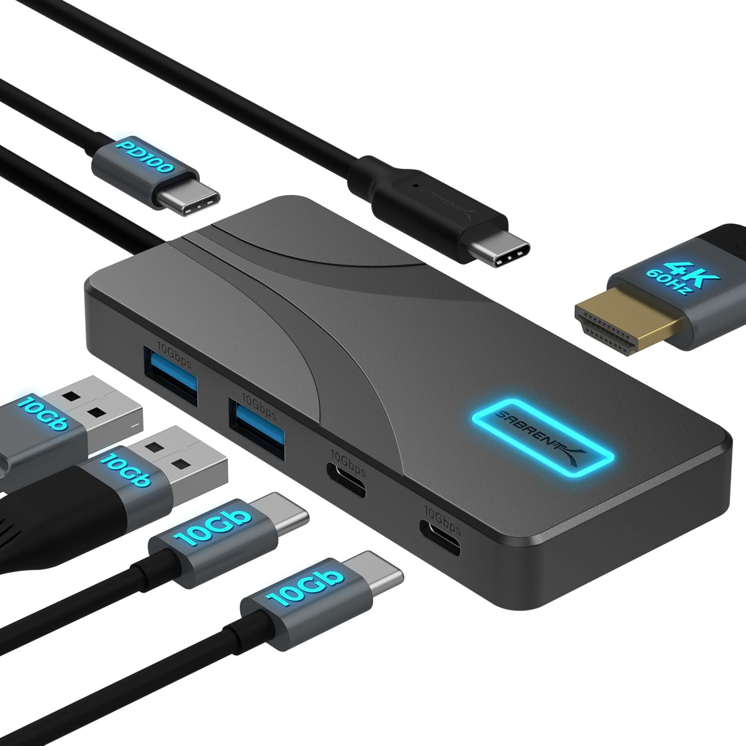 SABRENT USB C Hub 5-in-1, 10Gbps USB-A & USB-C Ports, Single 4K@60Hz HDMI, 100W PD Input, 80W Laptop Charging, Compact Aluminum Docking Station for MacBook, iPad, Laptops & Tablets (HB-TG5P)