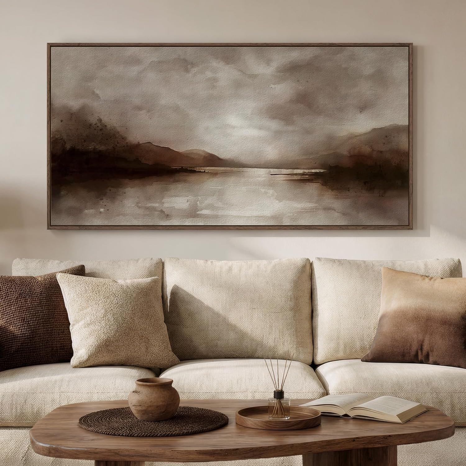 Large Framed Rustic Canvas Wall Art for Living Room, Brown Modern Abstract Landscape Prints Paintings Artwork for Walls, Horizontal Nature Pictures Wall Decor for Bedroom, Office, Farmhouse 30×60 In