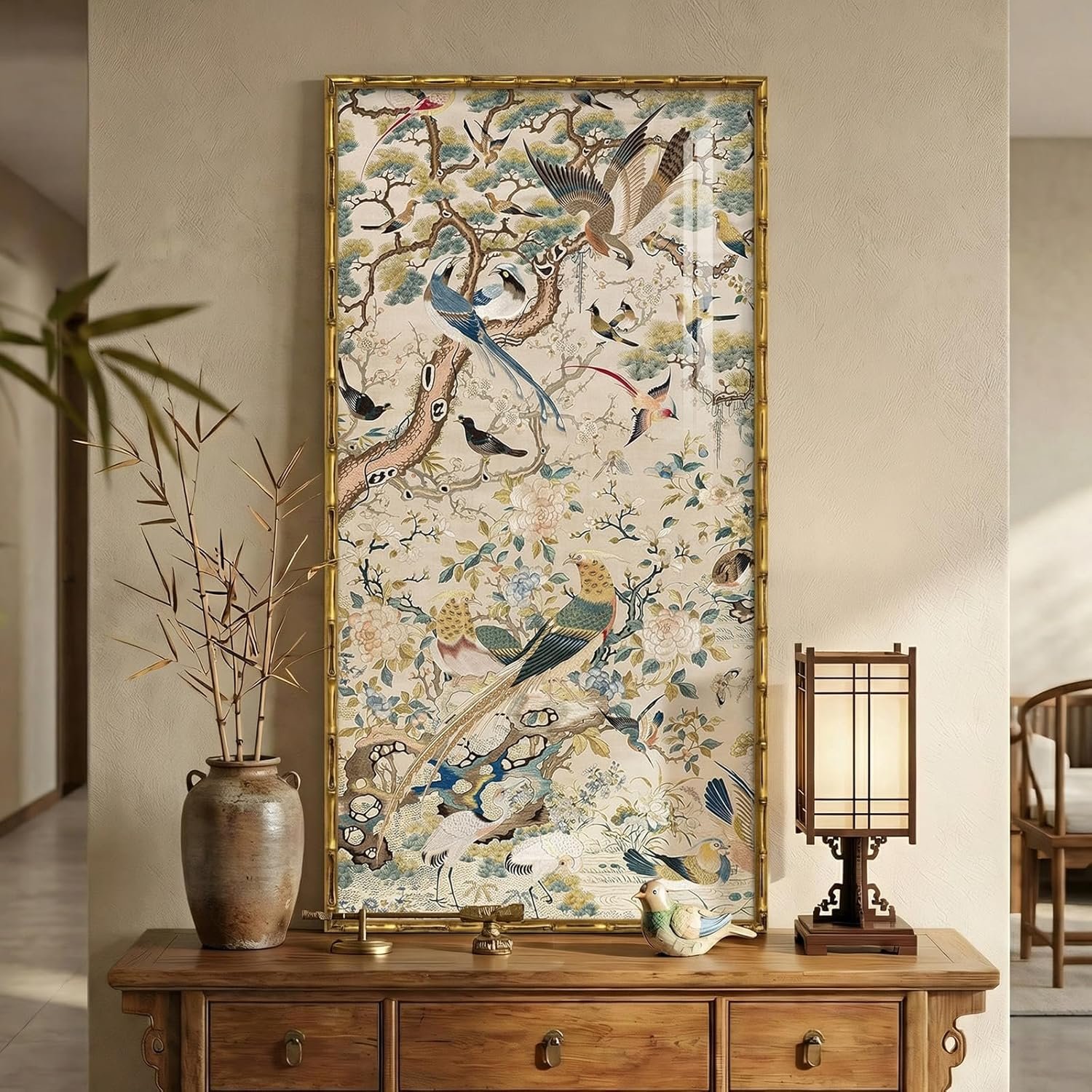 Vintage Gold Framed Chinoiserie Wall Art for Living Room, Vertical Retro Neutral Floral Bird Artwork for Walls, Canvas Print with Bamboo-Style Framed for Bedroom Dining Room Wall Decor, 20×40 Inch