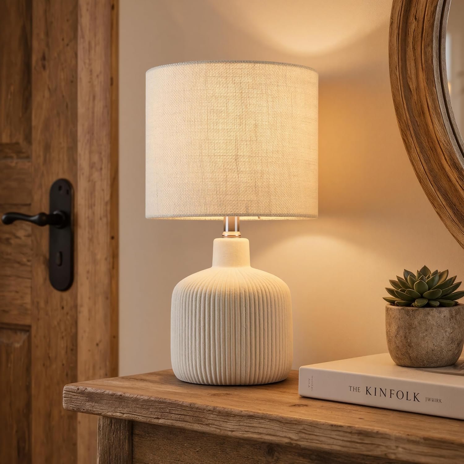Ceramic Table Lamp, 17.75″ Rustic Farmhouse Bedside Lamp with Beige Linen Shade, Warm Ambient Nightstand Lighting for Bedroom or Living Room, Off-White