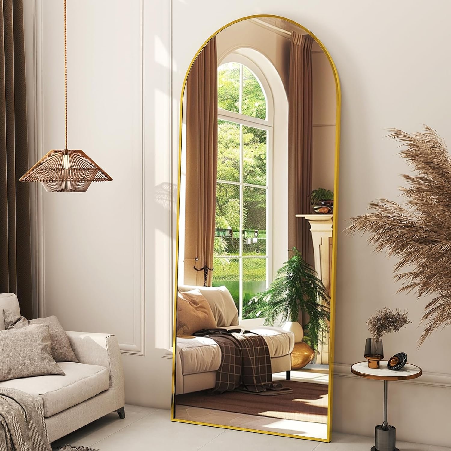 XRAMFY 56″ x21 Arched Full Length Mirror Floor Mirrors with Aluminum Alloy Frame Free-Standing Wall Mounted Floor Mirrors or Large Dressing Mirror, Gold Mirror Full Length