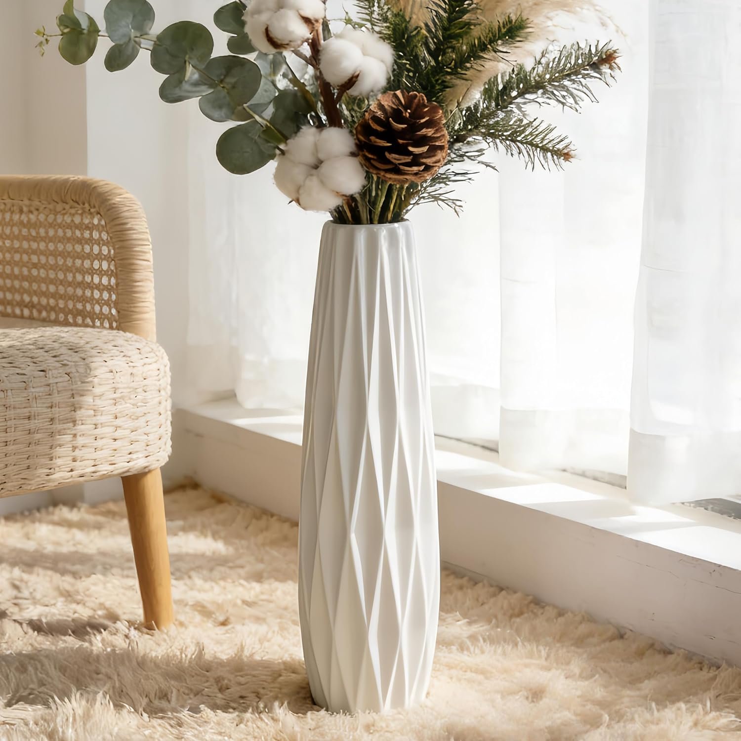 White Ceramic Tall Vase, 17.7″ Large Floor Vase for Pampas Grass, Decorative Flower Vases for Modern Home Decor Living Room Office Bedroom Table Centerpieces Shelf Kitchen Wedding Farmhouse Décor
