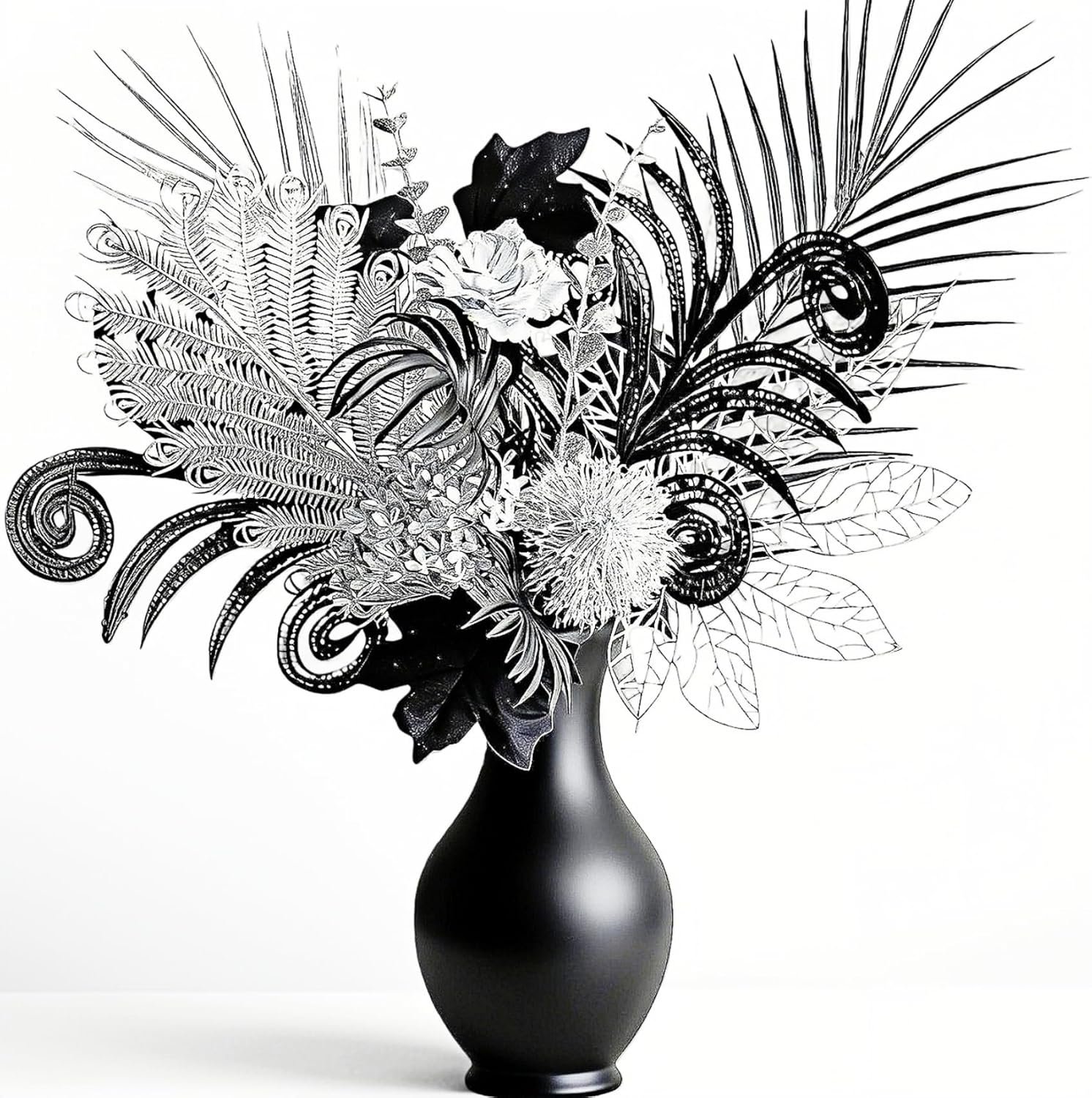 Luxurious Black Silver Artificial Flowers，17-Inch Modern Gothic Bouquet，Dark Academic，Lndustrial Style Aesthetics，for Home Decoration，Elegant Wedding，Table Centerpiece，Theme Party (Vase Not Included)