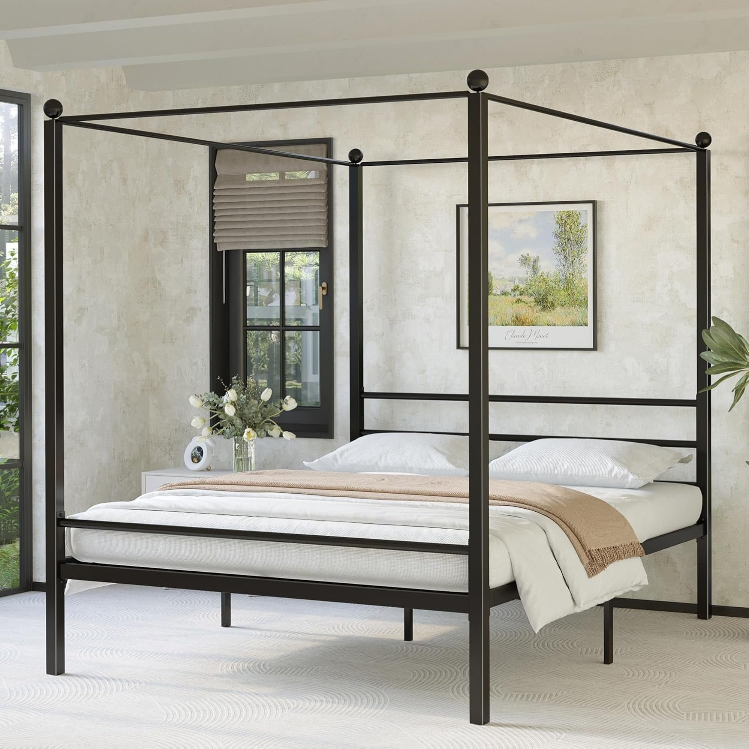Lutown-Teen Canopy Bed Frame Queen, Four Poster Metal Canopy Queen Bed Frame, Heavy Duty Mattress Foundation with Underbed Storage, No Box Spring Needed, Easy Assembly, Black