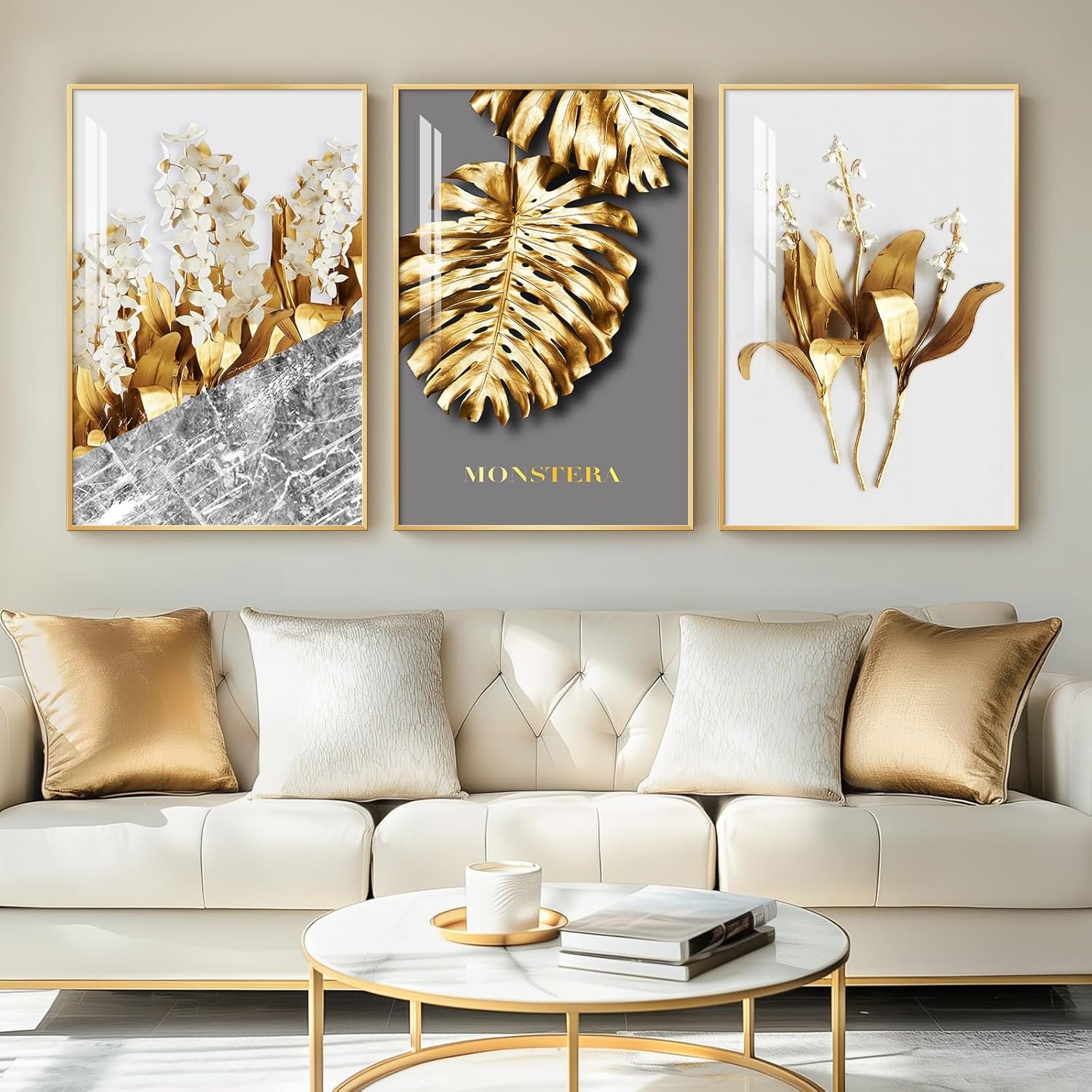 Framed Modern Luxury Large Gold Wall Art for Living Room, Set of 3 Piece Contemporary Paintings Artwork for Walls, Golden Leaf Prints with Gold Frame, Pictures for Office Wall Decor – Total 30″ x 60″
