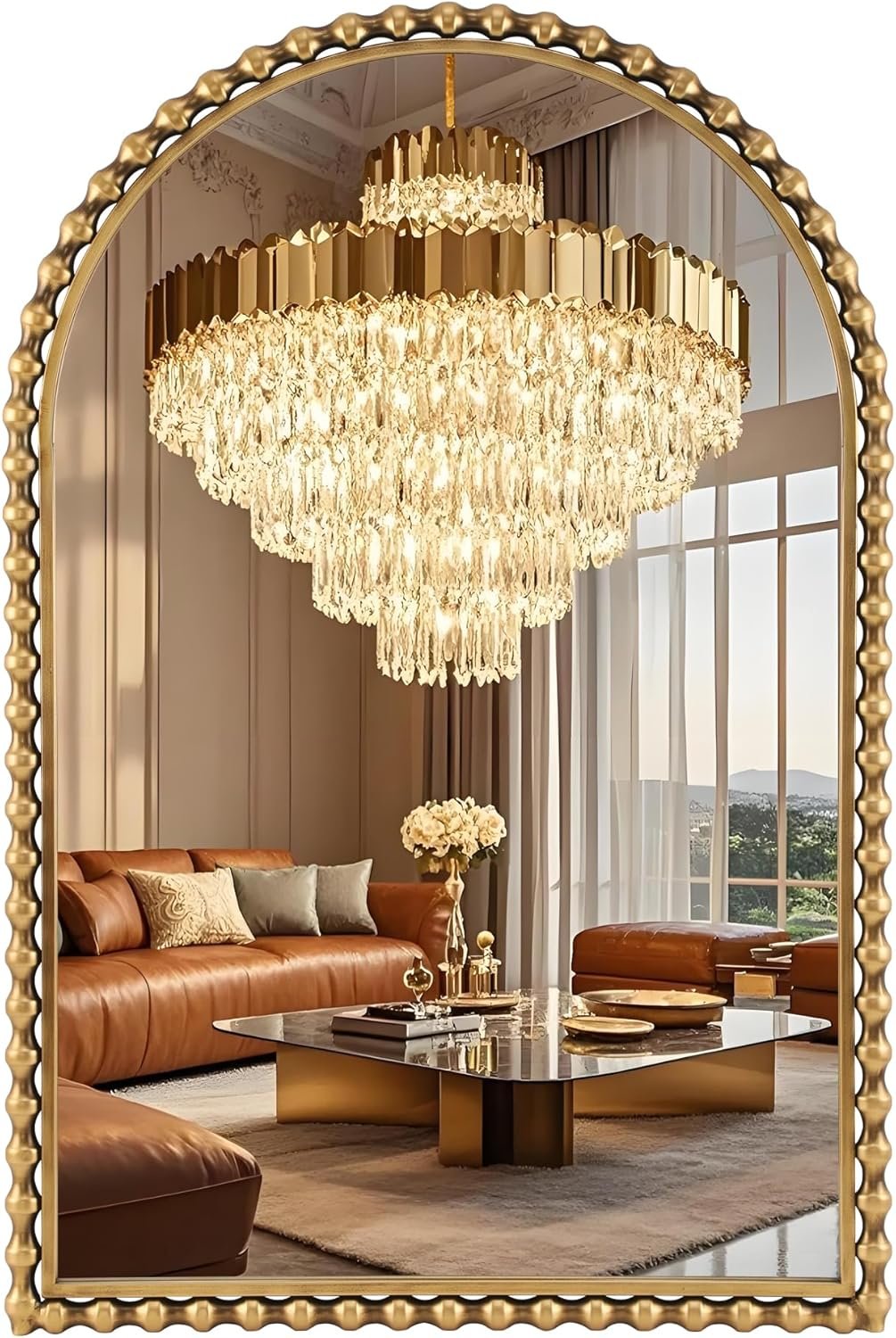 24×36 Inch Arched Wall Mirror with Bold Antique Gold Beaded Frame, Decorative Vintage Mirror for Living Room, Entryway or Fireplace Mantel, Bathroom Wall Decor Mirror