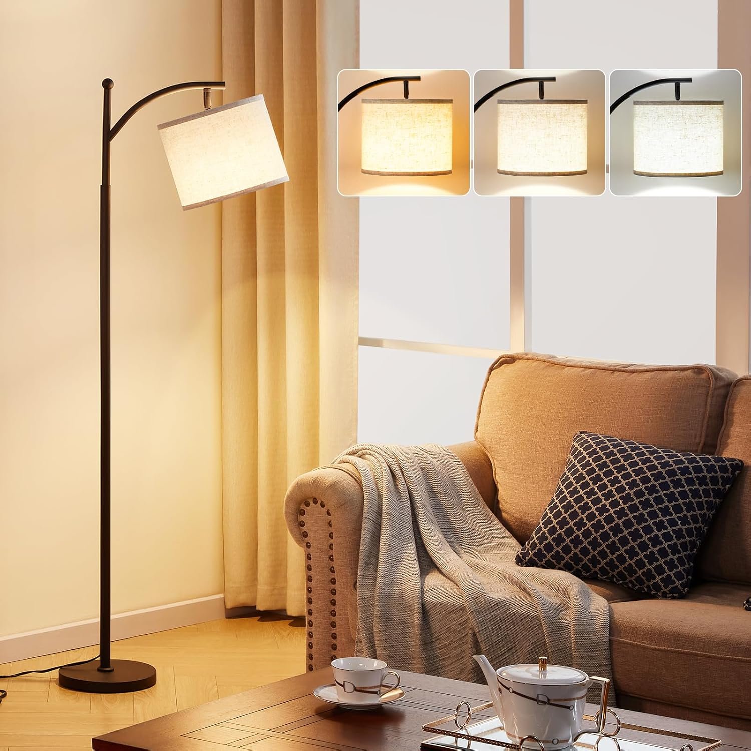 Ambimall Tall Floor Lamps with 3 Color Temperatures Bulb & Adjustable Linen Shade, for Living Room, Bedroom, Office, Classroom, Dorm Room (9W Bulb Included), Beige & Black, 60″