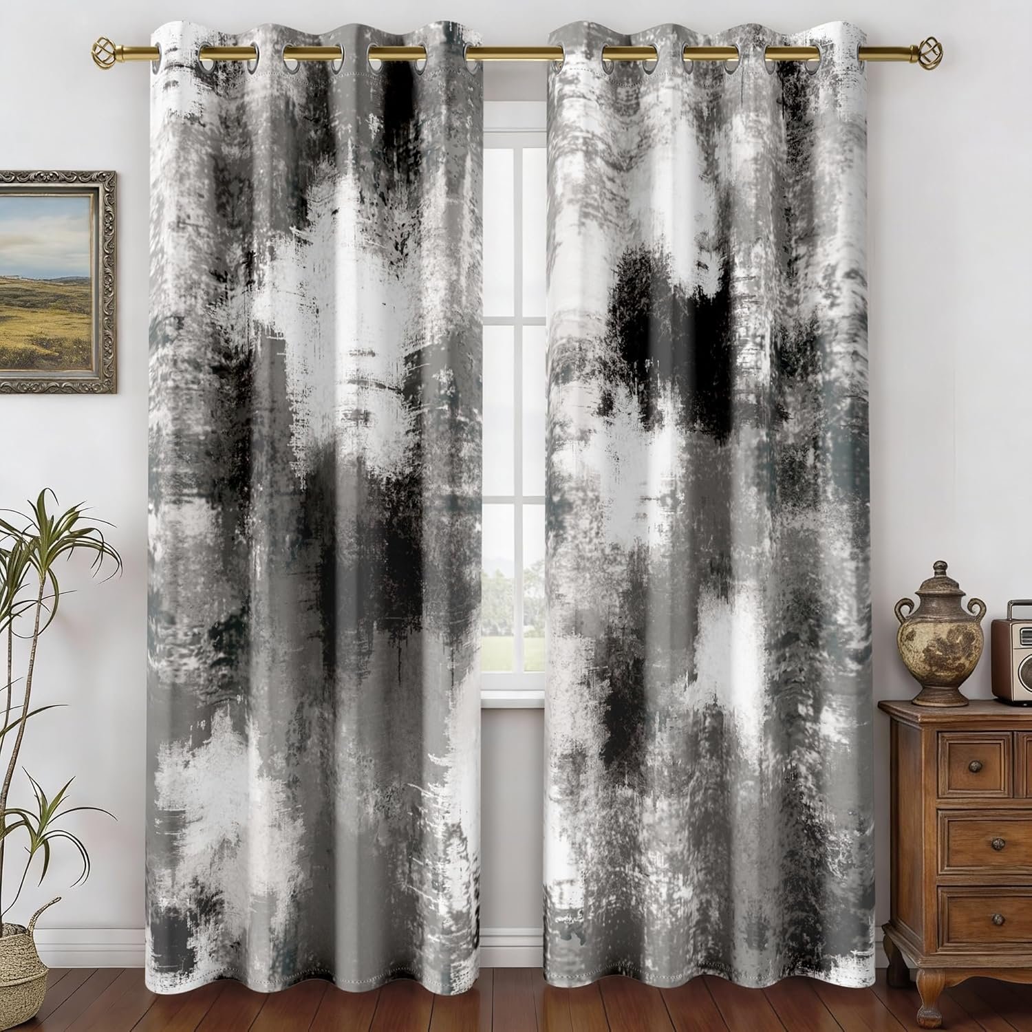 Asuexpect Abstract Curtains 2 Panels Abstract Rust Curtain Room Darkening Grommet Window Drapes Modern Decorative Window Treatments for Bedroom Living Room, 52×84 Inches, Black Grey