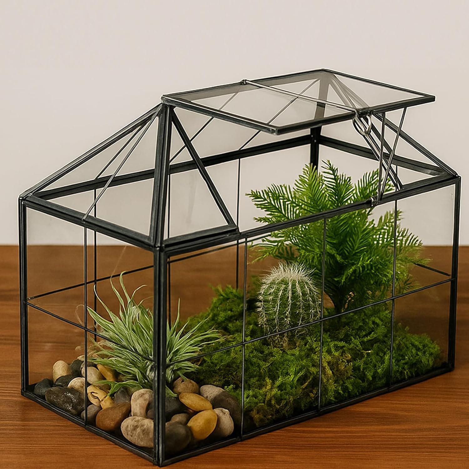 HighFree Geometric Terrarium Planter with Swing Lid, House Shape Black Handmade Glass Box, Vintage Tabletop Miniature Terrarium, for Succulent, Cacti, Air Plants (Not Watertight – 9.2×5.5×7.3 inch)
