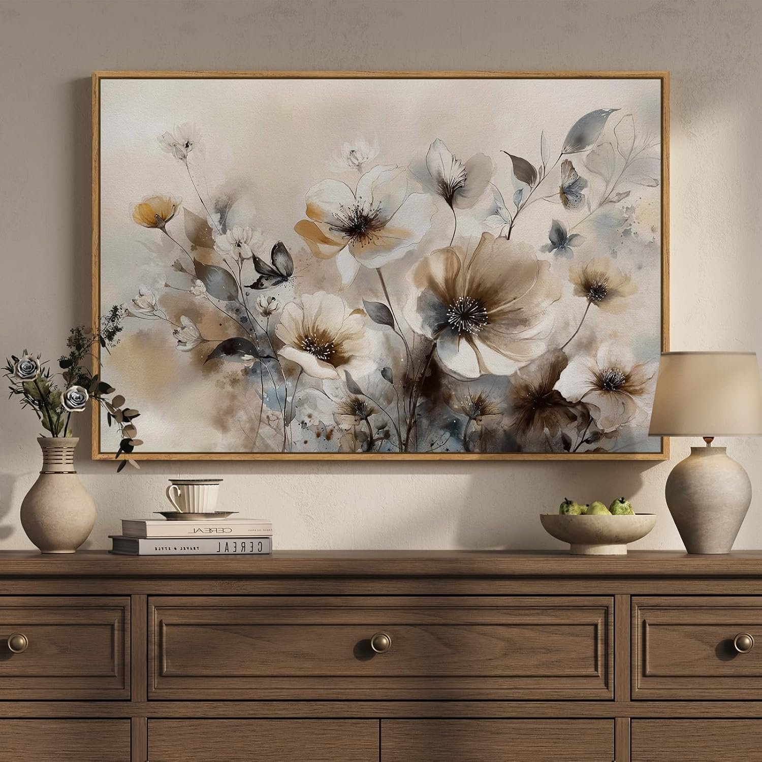Framed Vintage Floral Wall Art, Neutral Beige Botanical Flower Canvas Artwork for Modern Farmhouse Walls, Rustic Watercolor Wildflower Painting Prints for Living Room Bedroom Kitchen Dining Room, 24×36