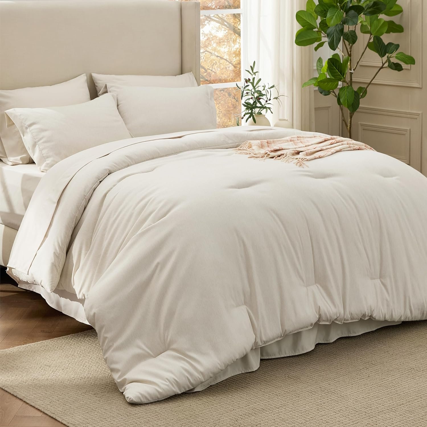 Bedsure King Size Comforter Set Beige – Bed in a Bag King Bedding 7 Pieces, Cationic Dyed Bed Set Gift for Family, Beige Soft Bedding for All Seasons Comforter with Sheets, Pillowcases & Shams