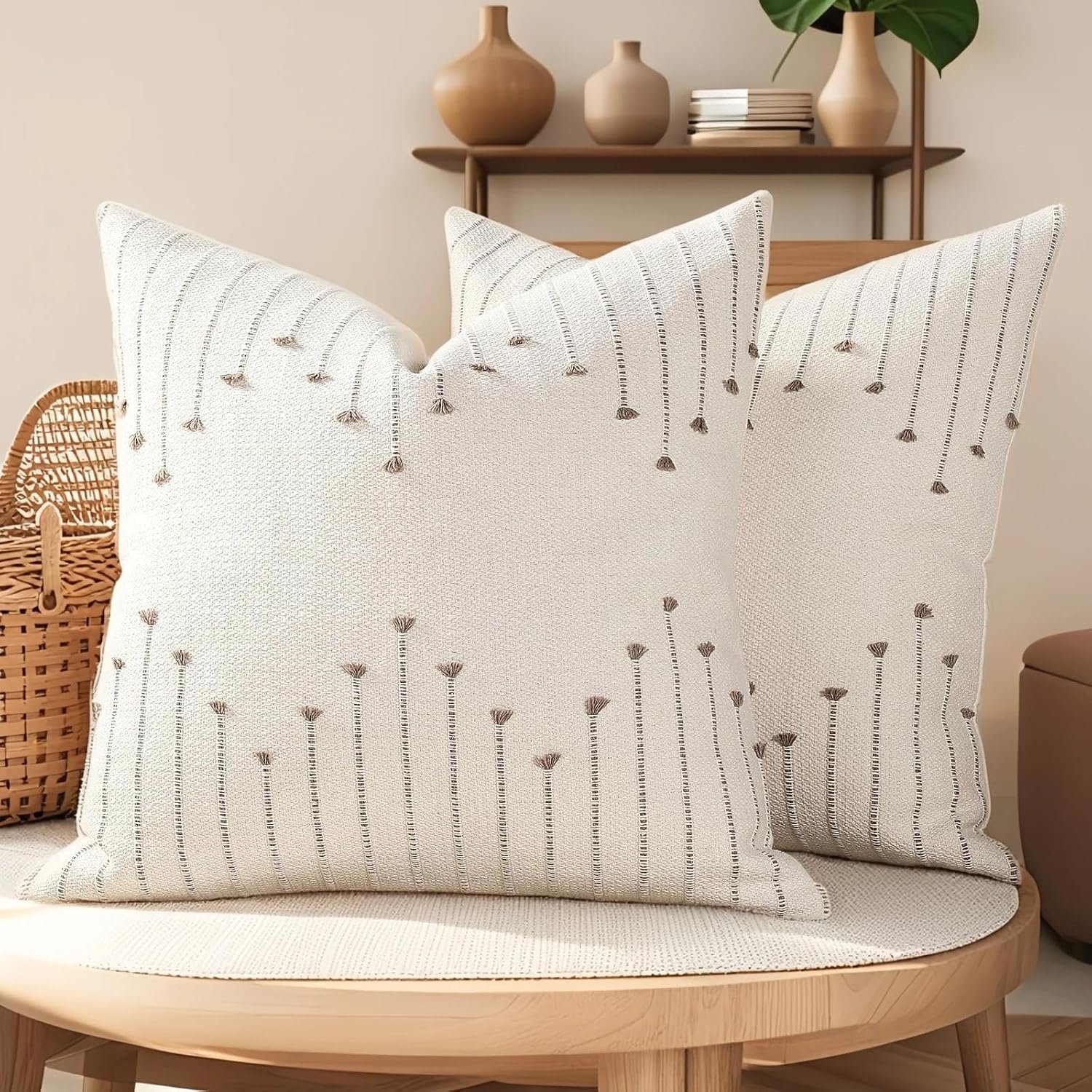 ZONYO Boho Pillow Covers 20×20 Set of 2, Woven Cotton Decorative Throw Pillows for Couch Bed & Living Room, Modern Farmhouse Cushion Case, Bohemian Room Home Outdoor Decor (Khaki)