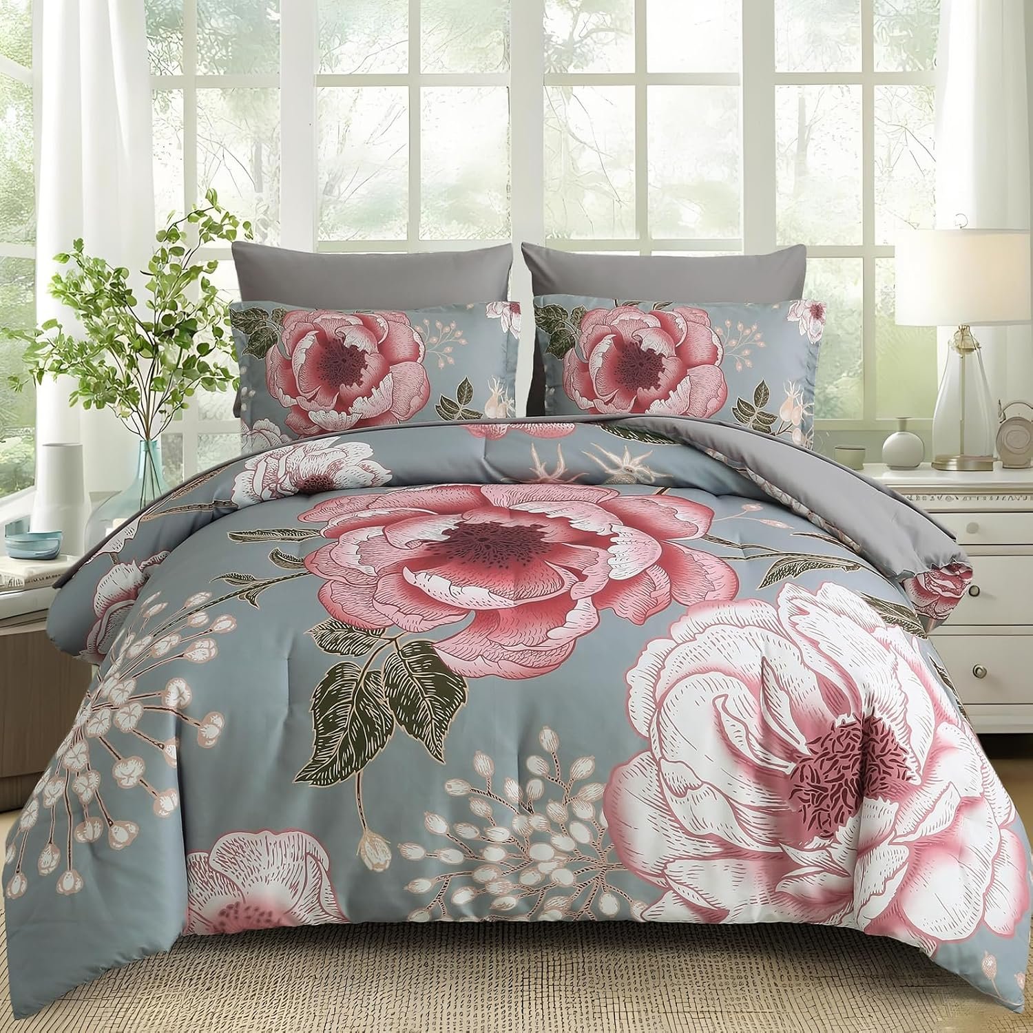 Luxudecor Floral Comforter Set Queen Size 7 Pieces Bed in a Bag,Pink Flower Print on Gray Bedding Set,Soft Microfiber Bedding Set for All Season (Gray,90″x90″)