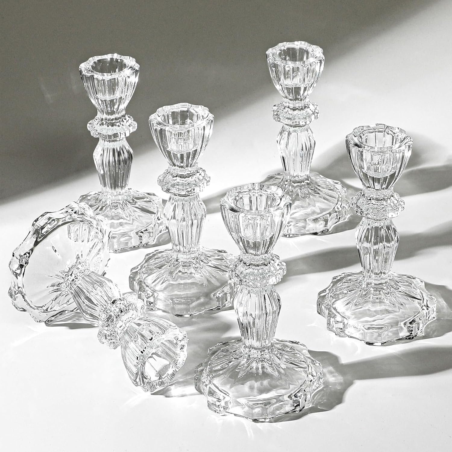 4.33″ Tall Glass Candlestick Set of 6 Clear Crystal Candle Holders for Glass Taper Holder Decor for Wedding Birthday Party Christmas