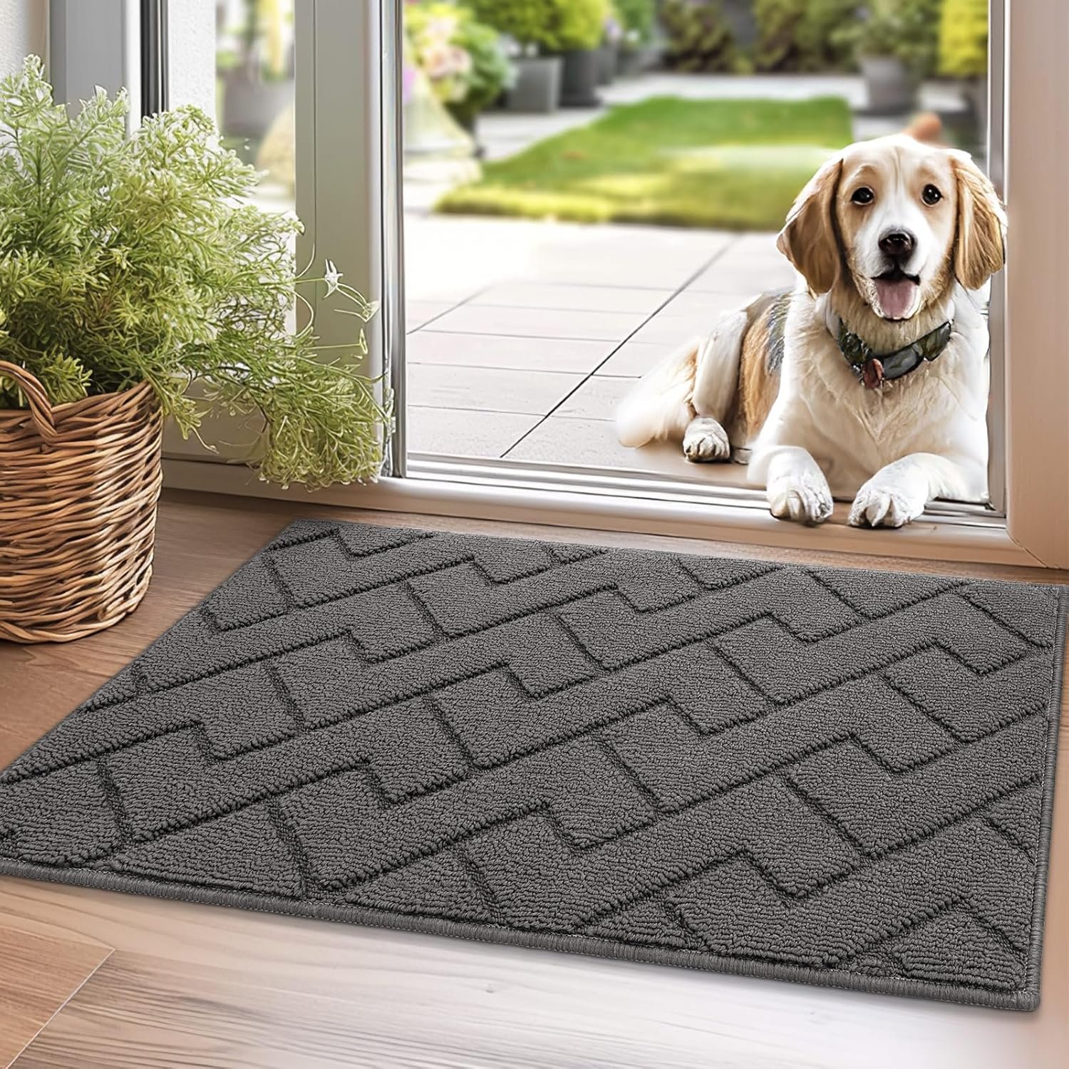 hicorfe Dirt Trapper Indoor Doormat,20″x31.5″ Welcome Door mat,Non Slip Backing Washable Door Mats,Absorbent and Resistant Low-Profile Entrance Inside Floor Mat for Front Back Door and Entryway (Grey)