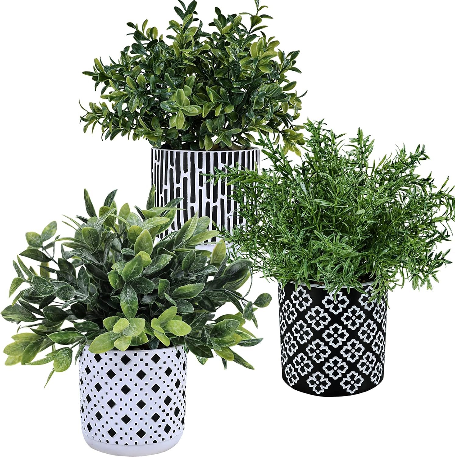 Winlyn 3-Pack Artificial Potted Plants – Faux Eucalyptus, Rosemary, Boxwood Greenery in Small Black & White Geometric Concrete Pots -Desk, Table, Shelf, Windowsill Decor for Indoor Outdoor Home Office