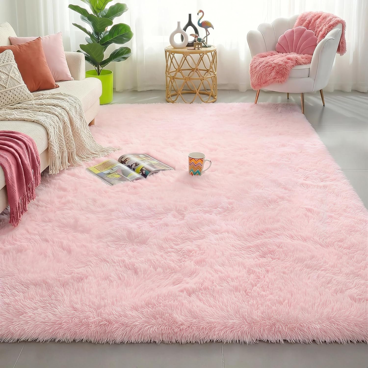 Light Pink Area Rugs for Bedroom Girls, Living Room Decor, Fluffy Fuzzy Plush Shag Rug 4×6 for Kids Room, Soft Cute Aesthetic Floor Fur Carpet for Baby, Toddler, Teen, Nursery, Preppy Dorm, Playroom