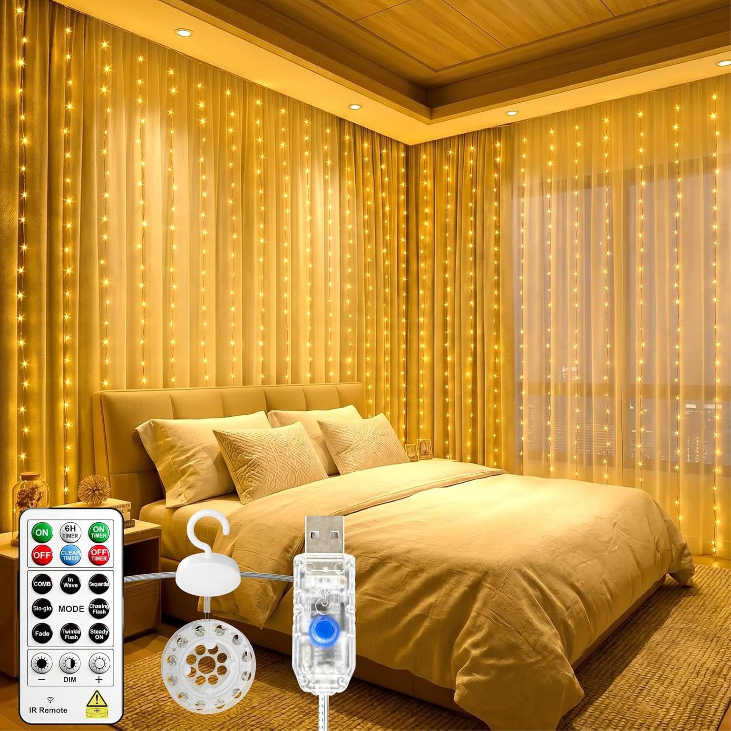HXWEIYE 300LED Untangled Curtain Lights, 9.8×9.8Ft USB Fairy Twinkle String Lights with Remote and DIY Timer, 8 Modes Window Wall Hanging Light for Bedroom Dorm Backdrop Room Decor, Warm White