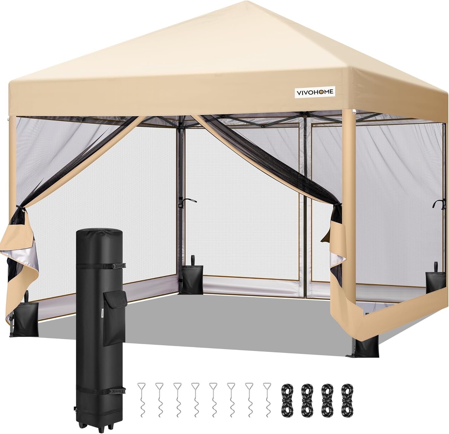 VIVOHOME 10x10ft Easy Pop-Up Canopy, Outdoor Screen Tent with Mosquito Netting, 2 Zipper Doors, and Roller Bag for Yard Camping Picnic Party Events, Beige