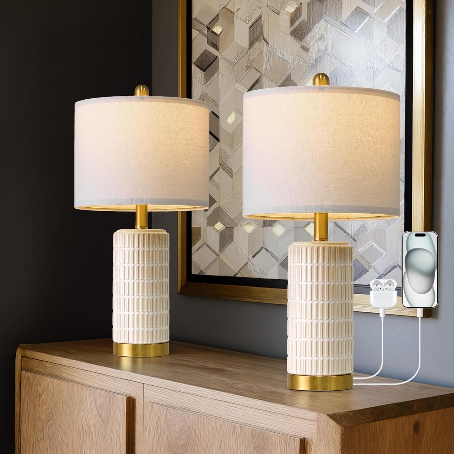 PoKat Small Bedside Table Lamps with USB Ports for Bedroom, 21.5” White Nightstand Lamps for Night Stands, Modern Ceramic Bedroom Lamps for Living Room End Table, White and Beige