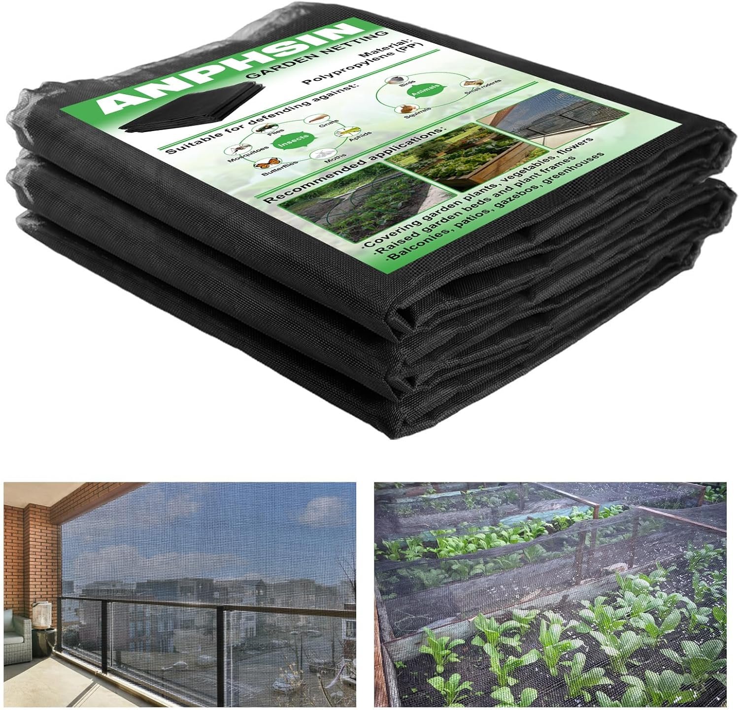 ANPHSIN Stronger Garden Mesh Netting – 10 x 20 ft PP Nanocomposite Bird Net Barrier, Mosquito Netting Screen for Outdoor Plants Vegetables Patios Balconies Terraces, Shading Rate 33% (Black)