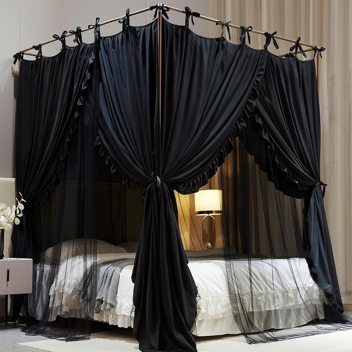 AIOOO 4 Corners Post Princess Curtain Bed Canopy Double Layer Cozy Mosquito Net Mesh and Cloth for Girls Adults Bedroom Decoration (Double-Black/Black, 59″ W*82″ L*82″*H/(Queen))