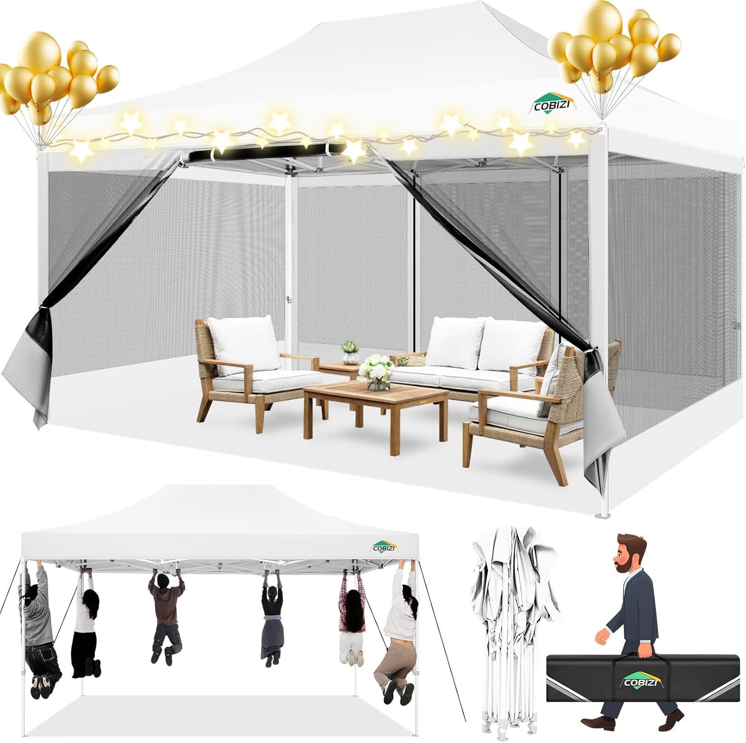 COBIZI 10×15 Canopy Tent with 4 Sidewalls,Heavy Duty Pop up Canopy with Mosquito Netting,Easy up Screen Canopy for Parties Wedding Patio Tent with Handbag,White