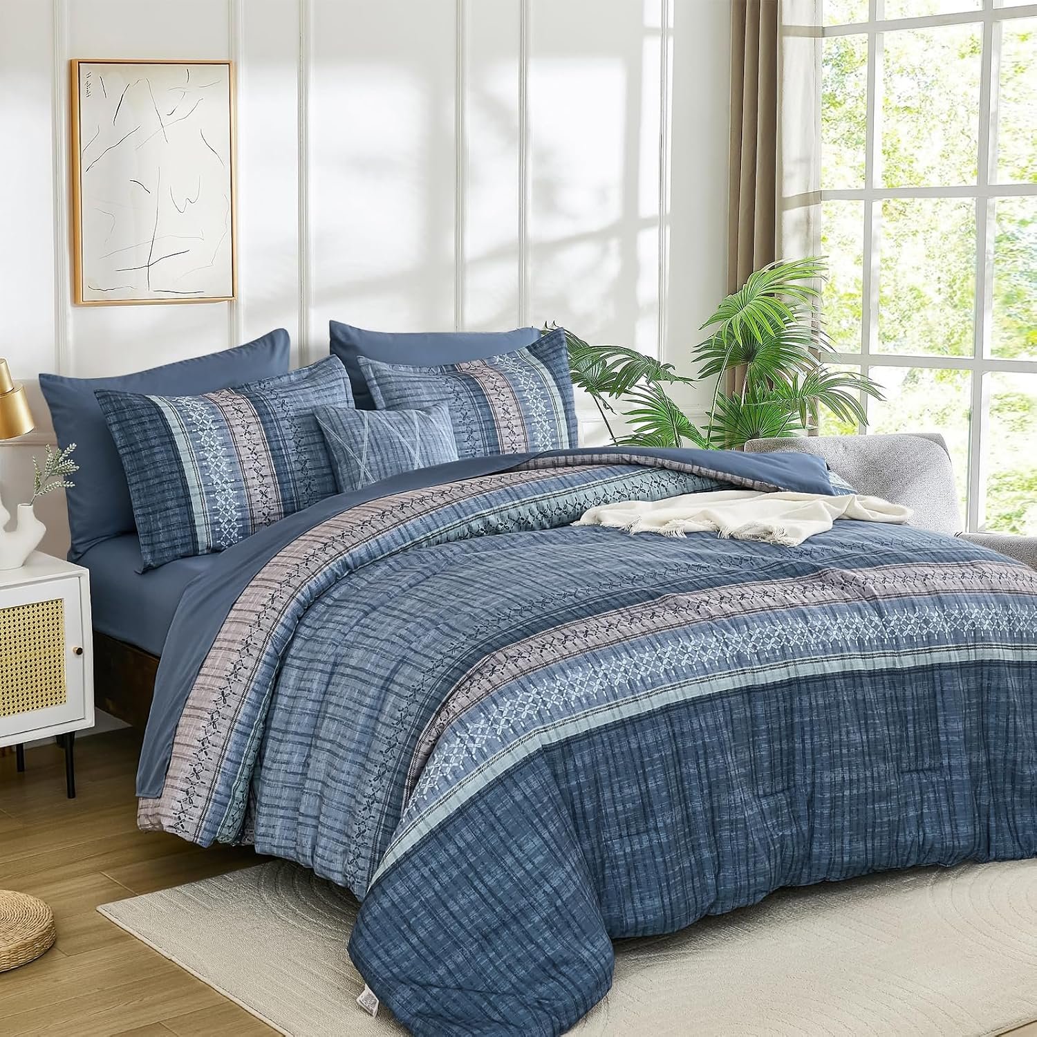 Dintszyayue Blue Comforter Set Queen Size, 8 Pieces Boho Striped Bed in a Bag Soft Microfiber Bedding Set for All Season